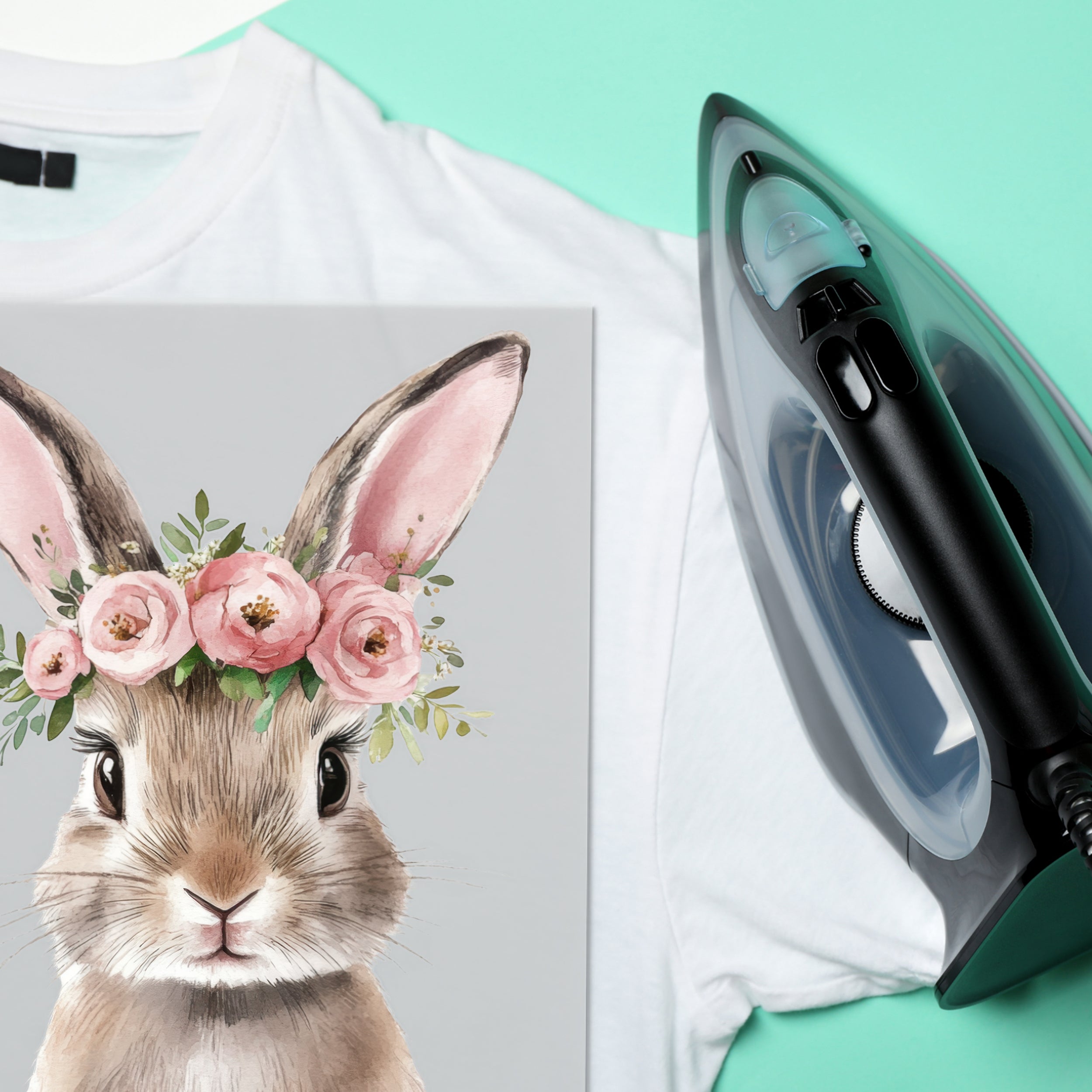 T-Shirt mit Kaninchenmotiv und Blumenkranz, Dampfbügeleisen.