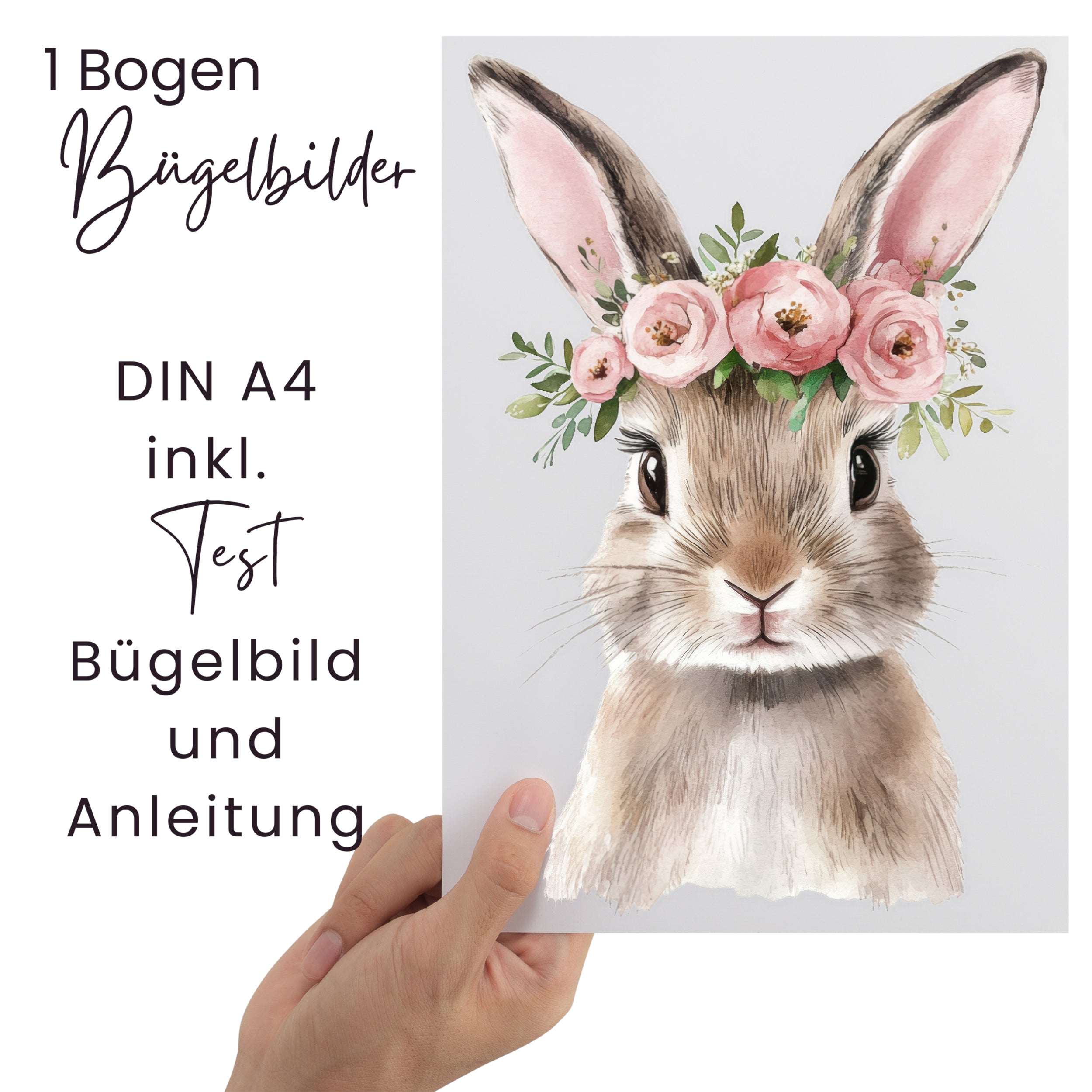 Bügelbild eines Hasen mit Blumenkranz, DIN A4.