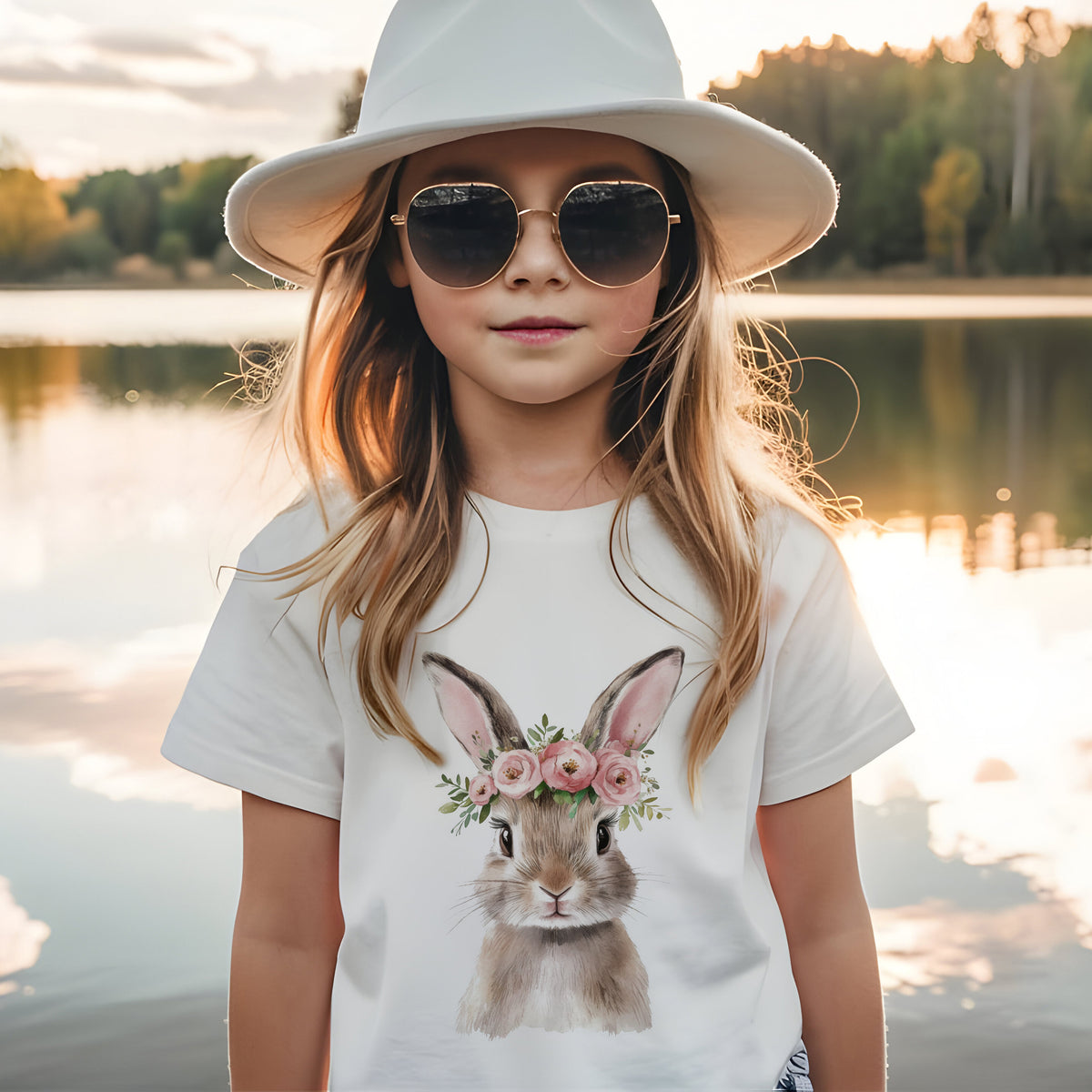 Mädchen mit Sonnenbrille und weißem T-Shirt mit Hasenmotiv.
