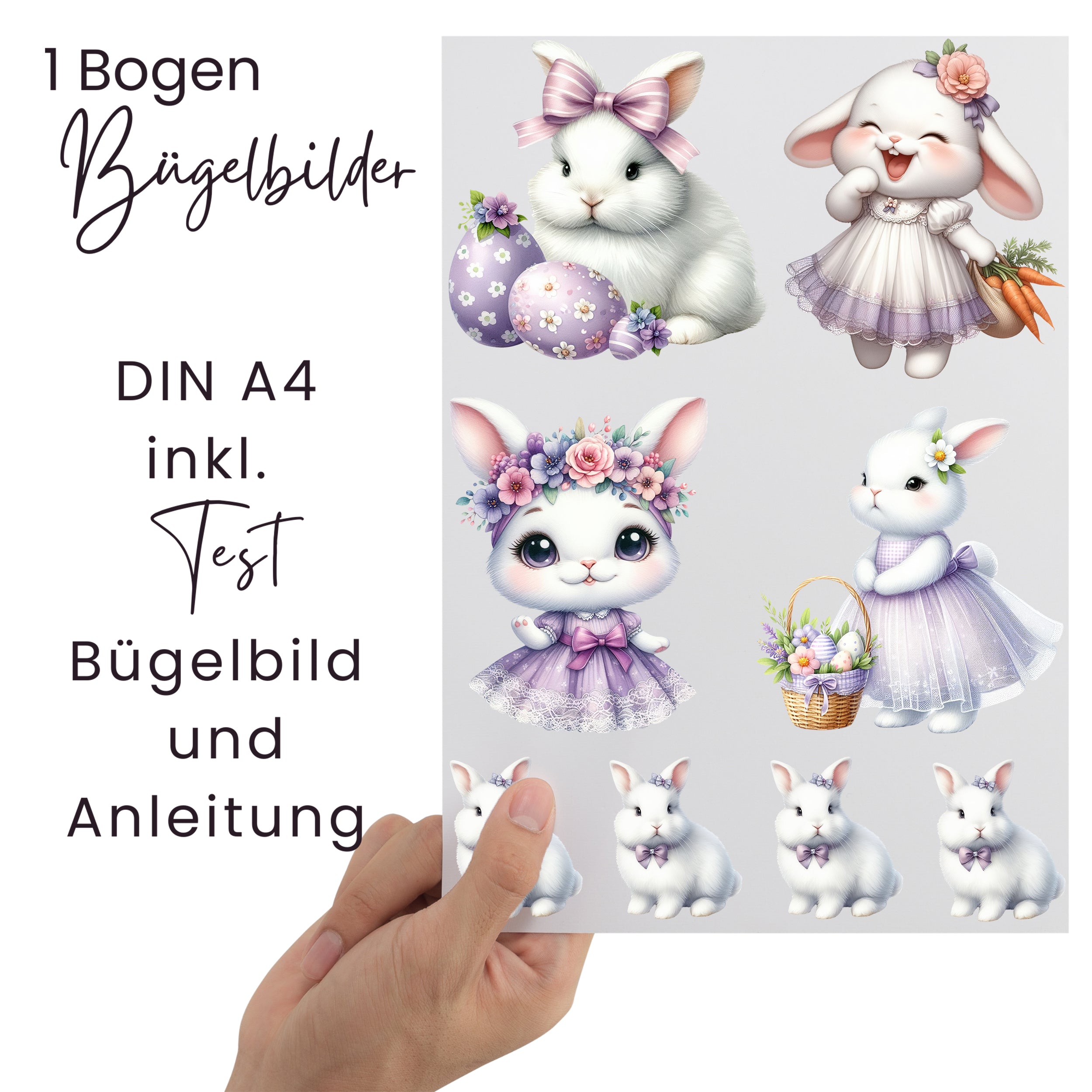 Bügelbilder mit niedlichen Hasen in Pastellfarben, A4.