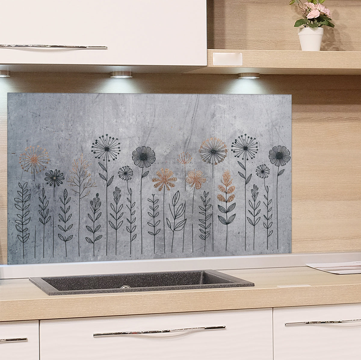 Glas-Spritzschutz mit filigranem Blumenmuster in Grau