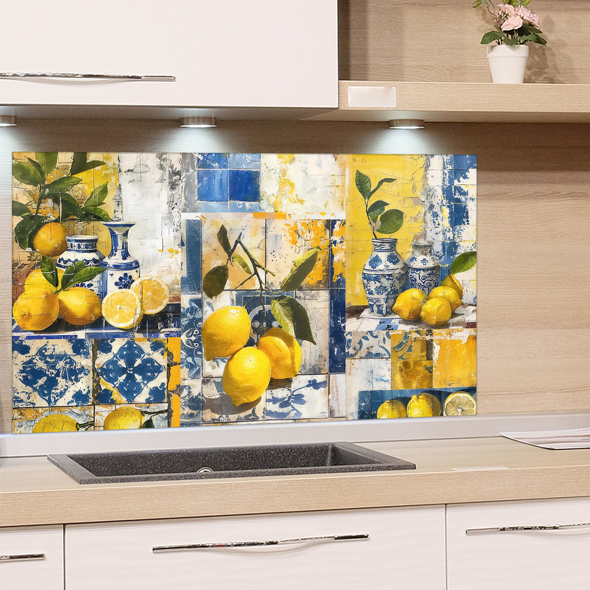 Glas-Spritzschutz mit Zitronen und blau-gelbem Kachelmuster