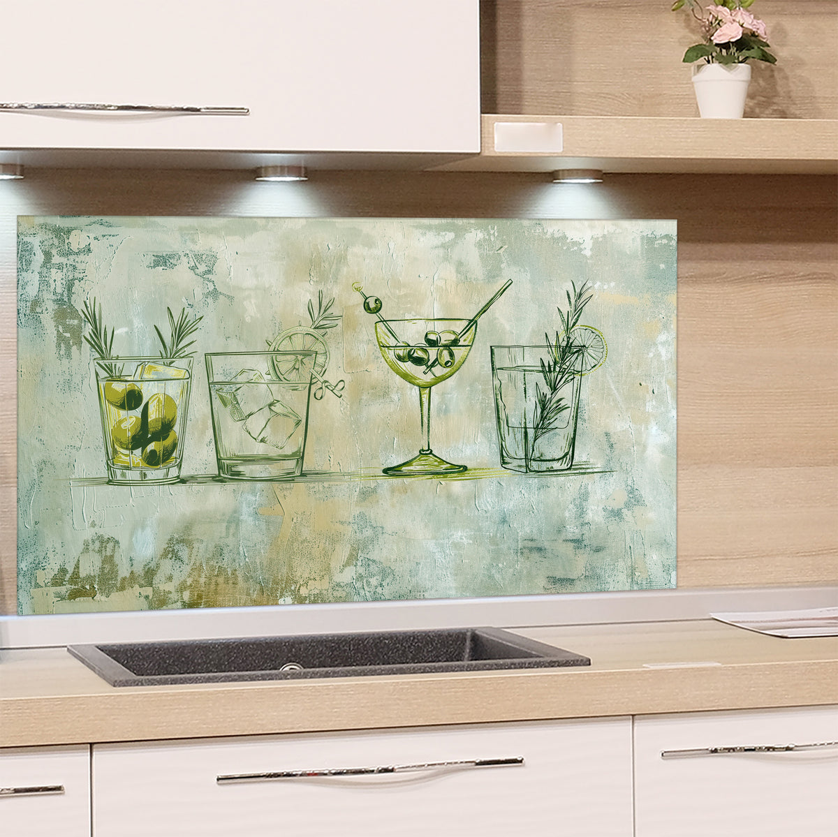 Glas-Spritzschutz mit Cocktailgläsern und Limetten