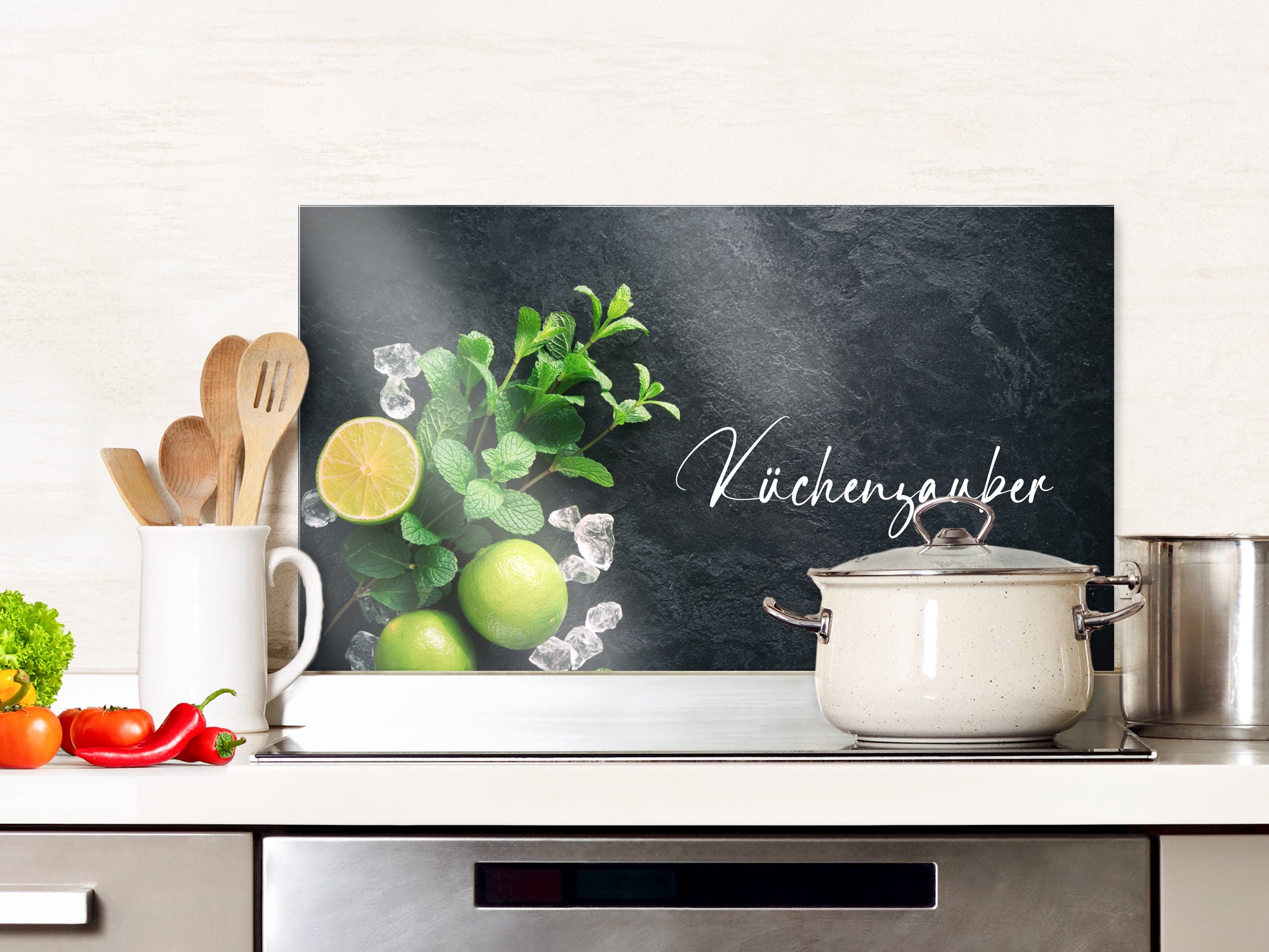 Detailansicht des Glas-Spritzschutzes mit Limetten und Küchenzauber