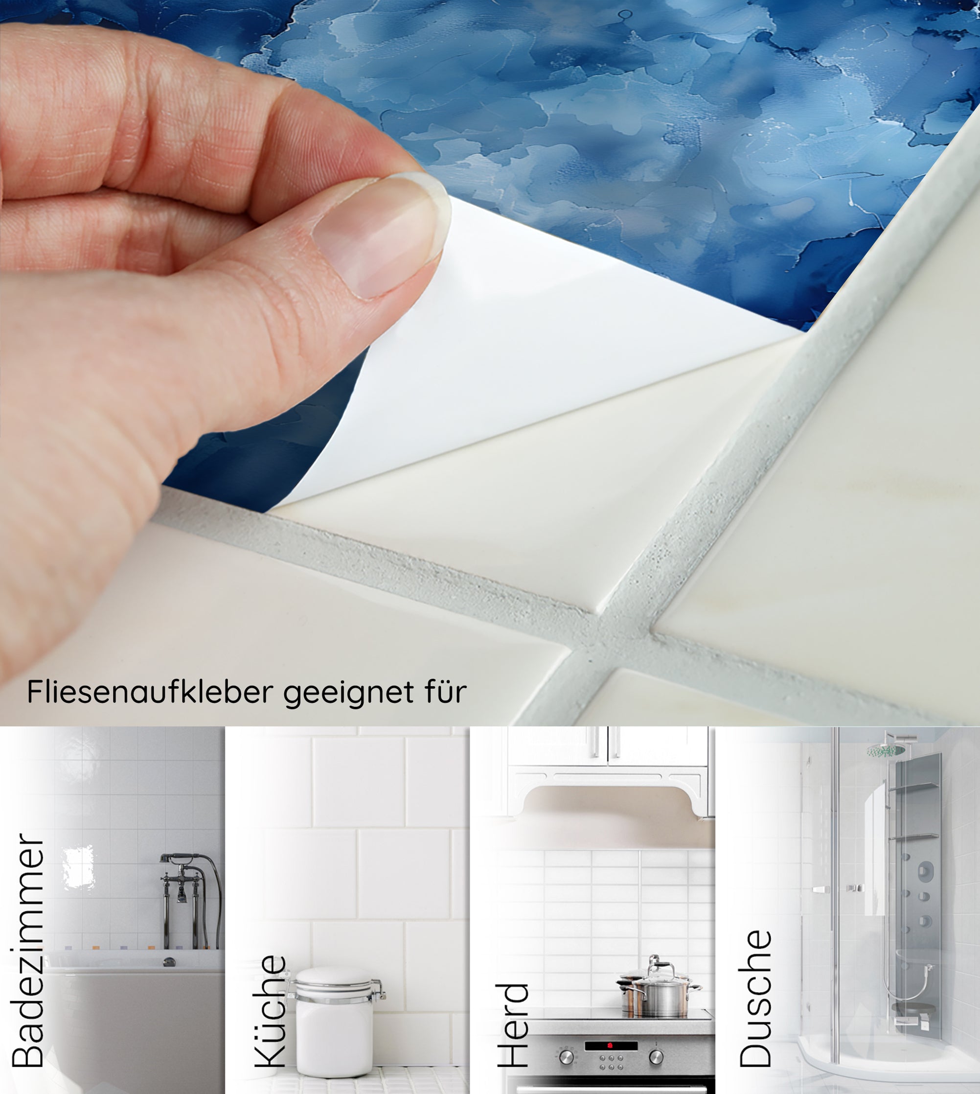 Fliesenaufkleber in Blau für Badezimmer, Küche, Herd, Dusche.