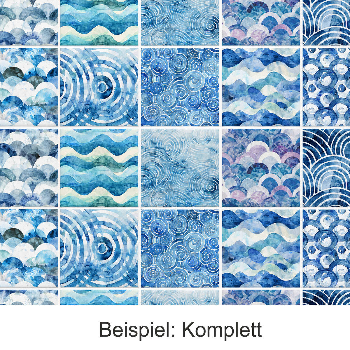 Muster in Blau mit Wellen und Kreisen.