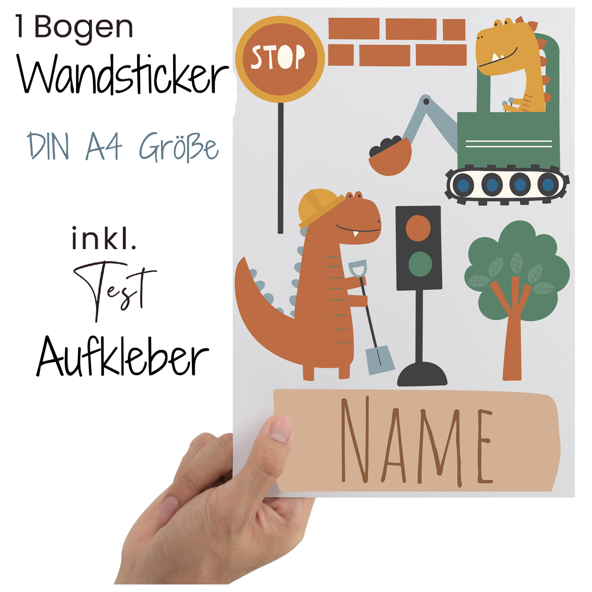 Wandsticker DIN A4, bunte Dinosaurier und Baustellenmotive.