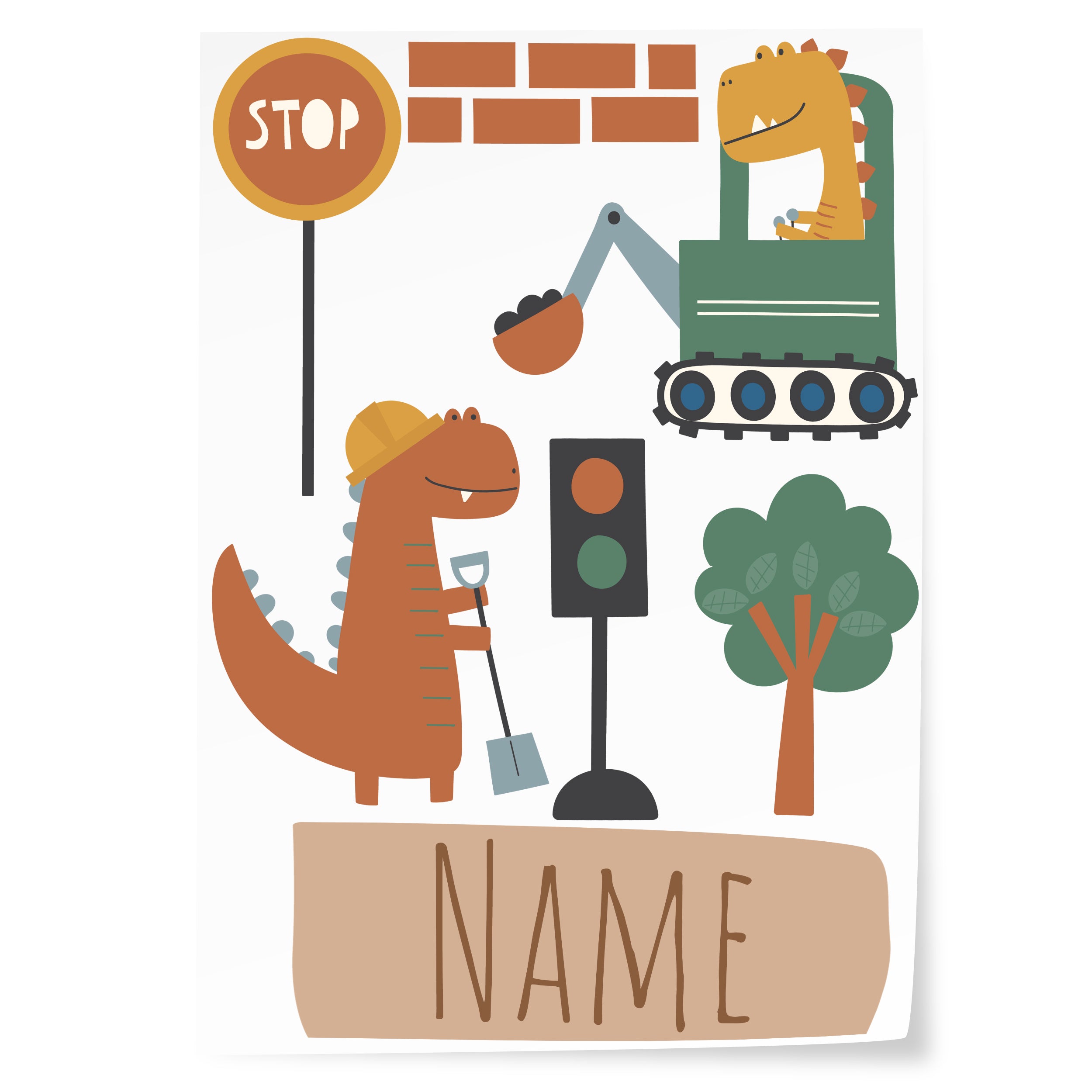 Dinosaurier mit Baustellenmotiven, Stoppschild und Ampel.