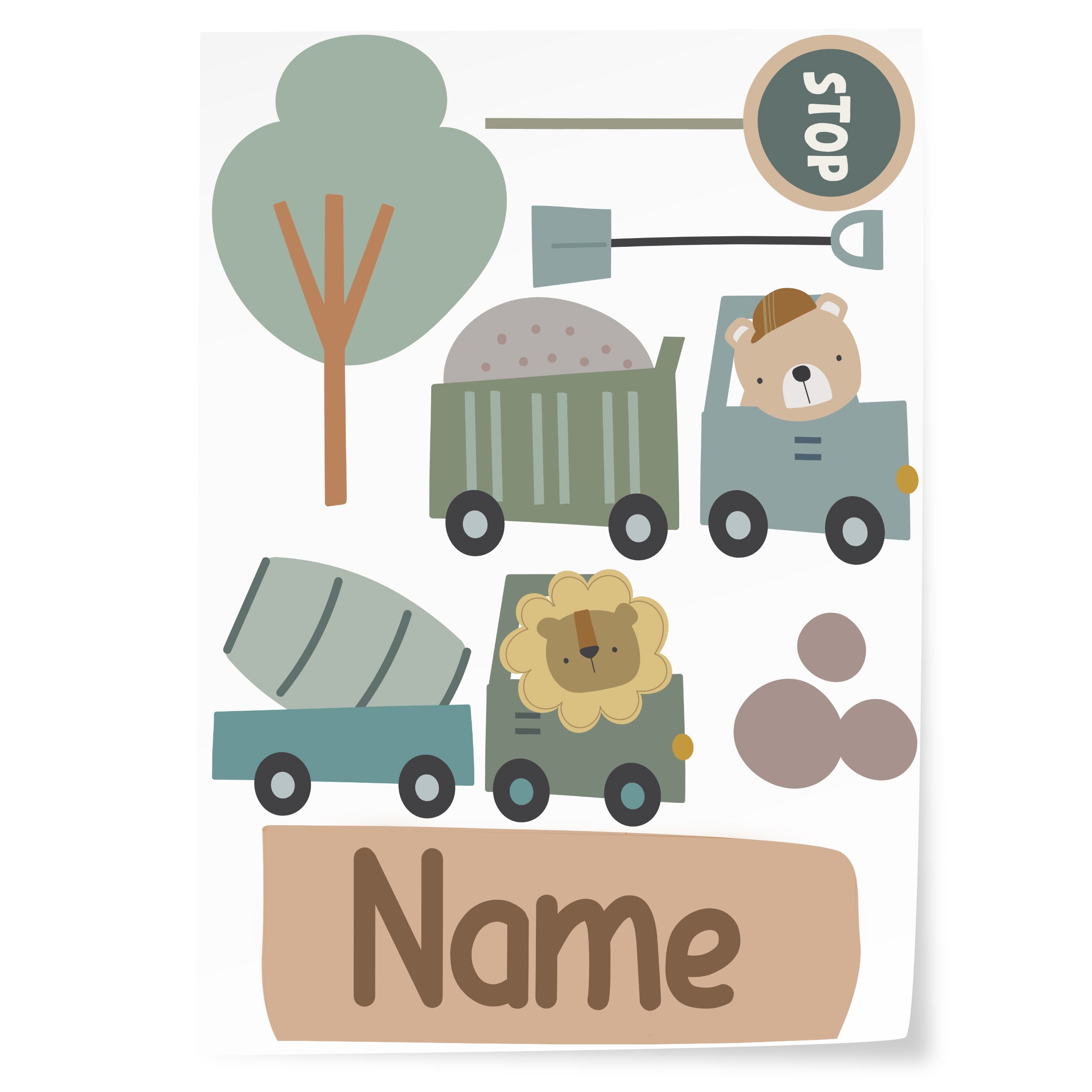 Bunte Fahrzeuge mit Tieren, Baum und "Name"-Text.