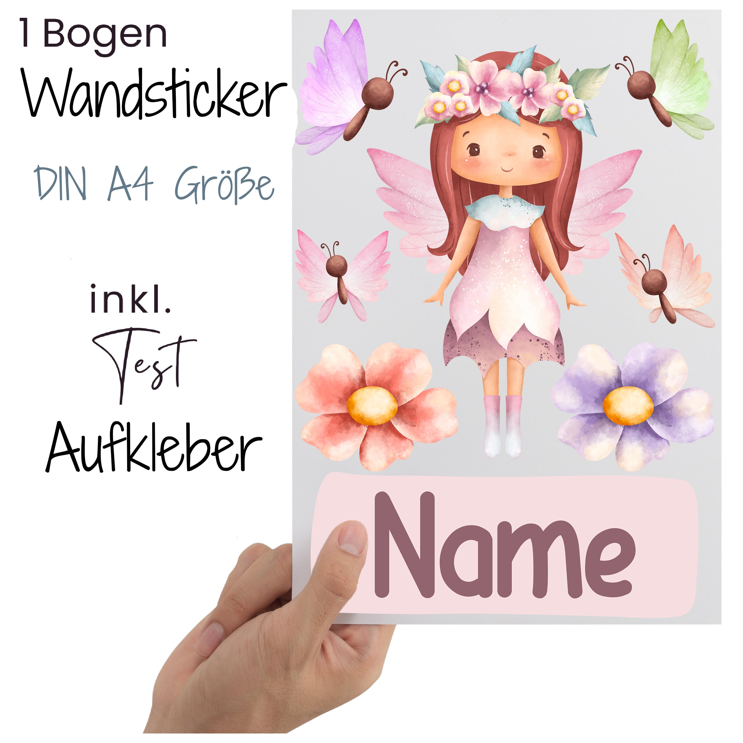 Wandsticker A4 mit Feen, Blumen und personalisierbarem Namen.