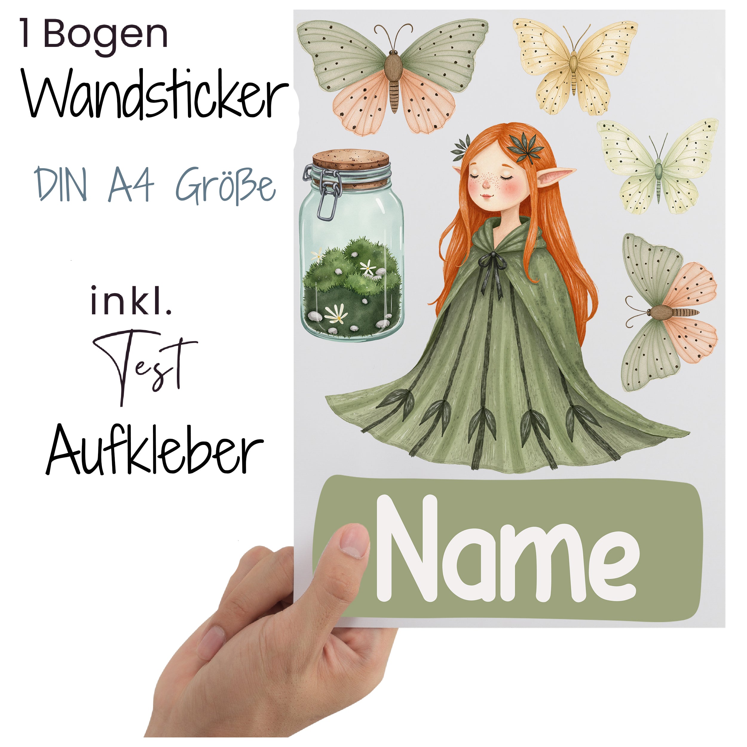 Wandsticker mit Elfe, grüner Umhang und Schmetterlingen.