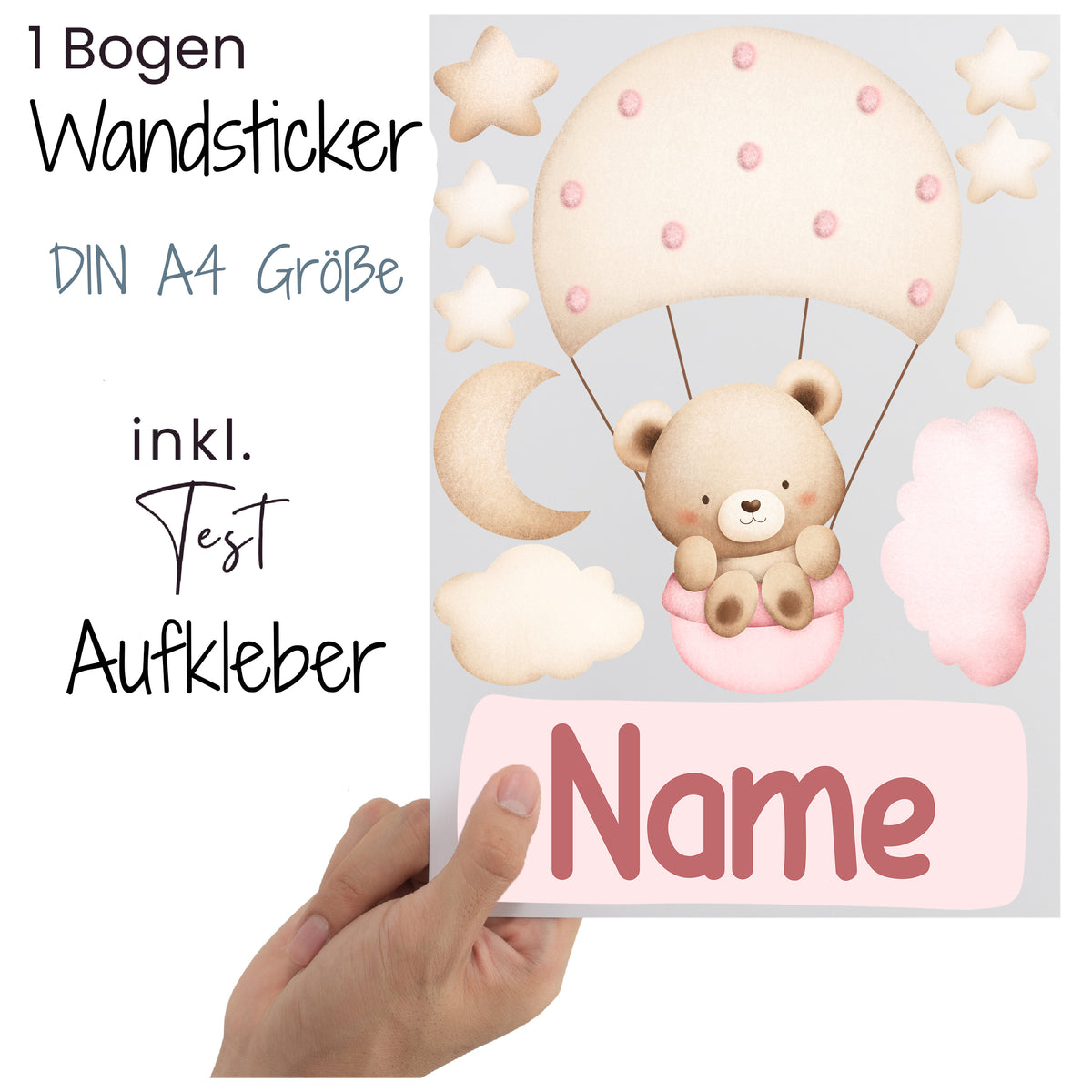 Wandsticker mit Bär, Wolken und Sternen in Pastellfarben.