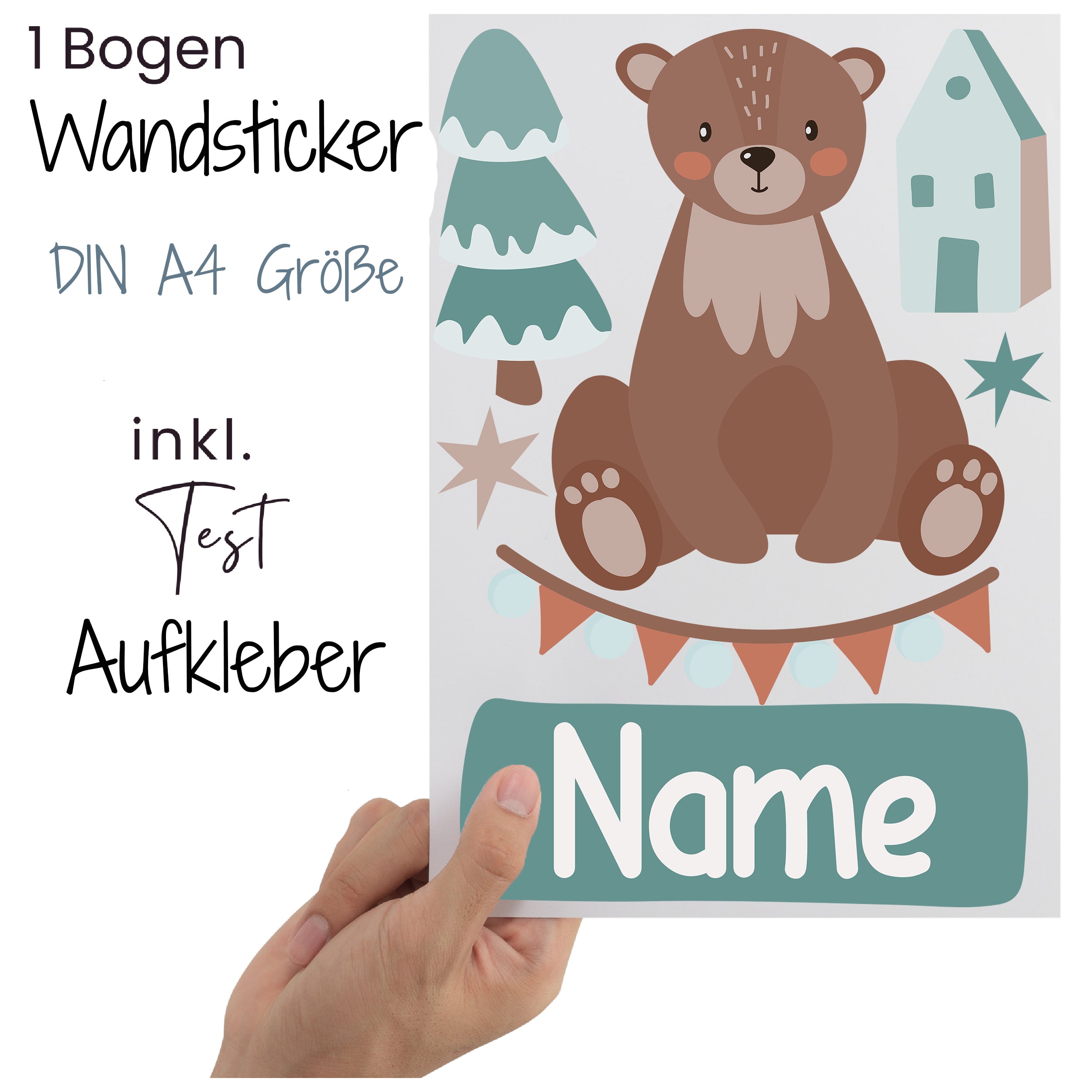 Wandsticker Bär in Braun, DIN A4, mit personalisierbarem Namen.