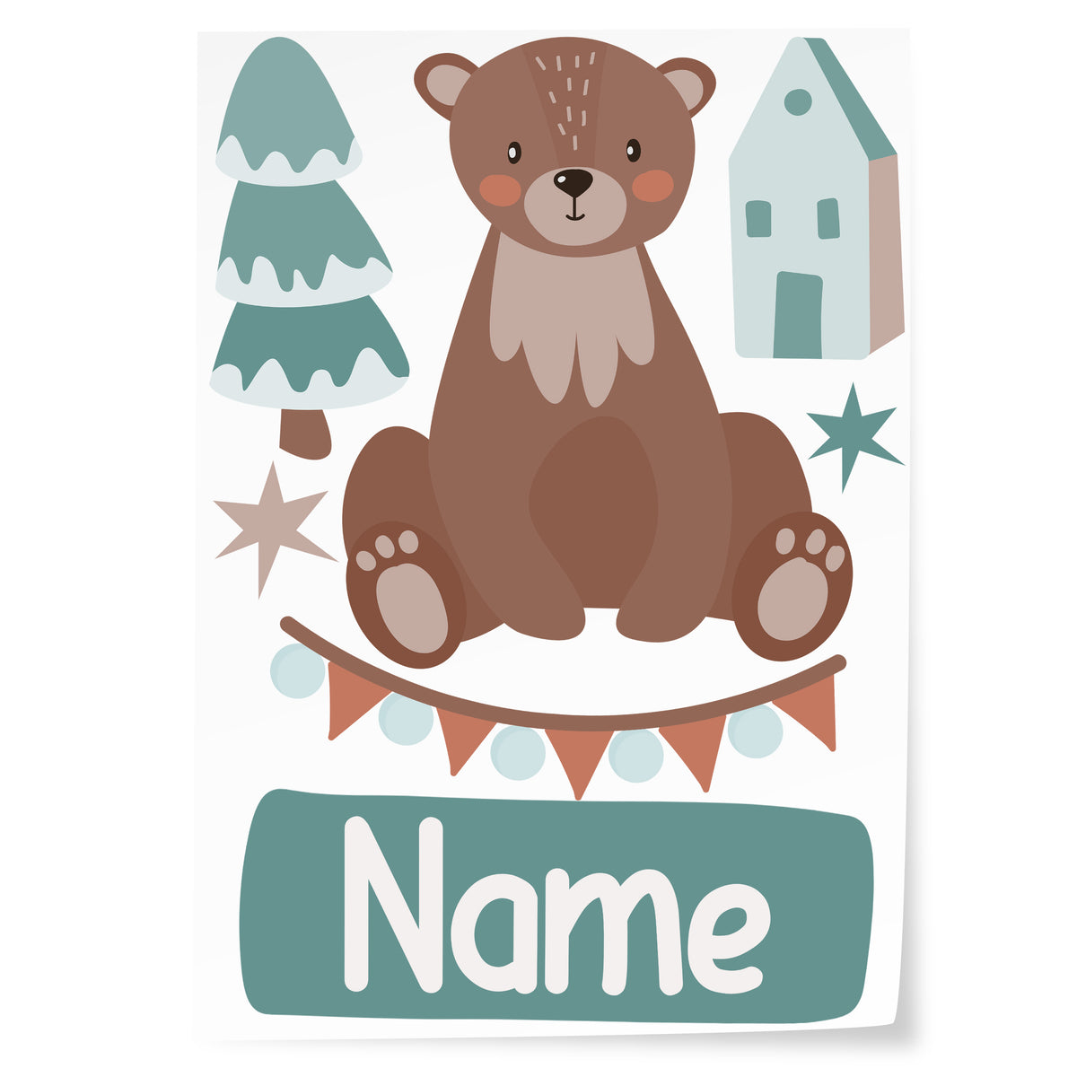 Brauner Bär mit Tannenbaum und Haus, personalisierbar.