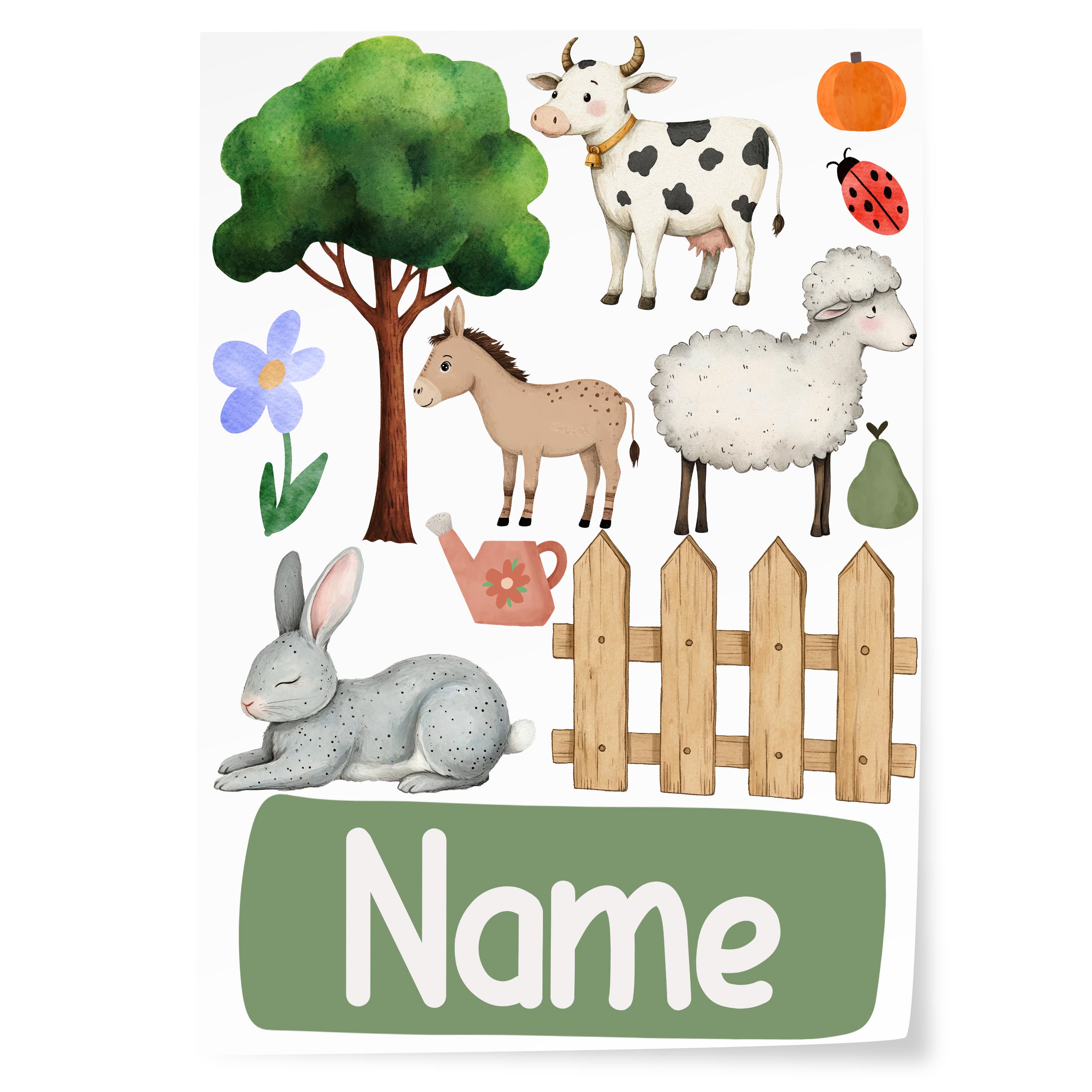 Bunte Tier- und Pflanzenillustrationen mit Namen und Zaun.