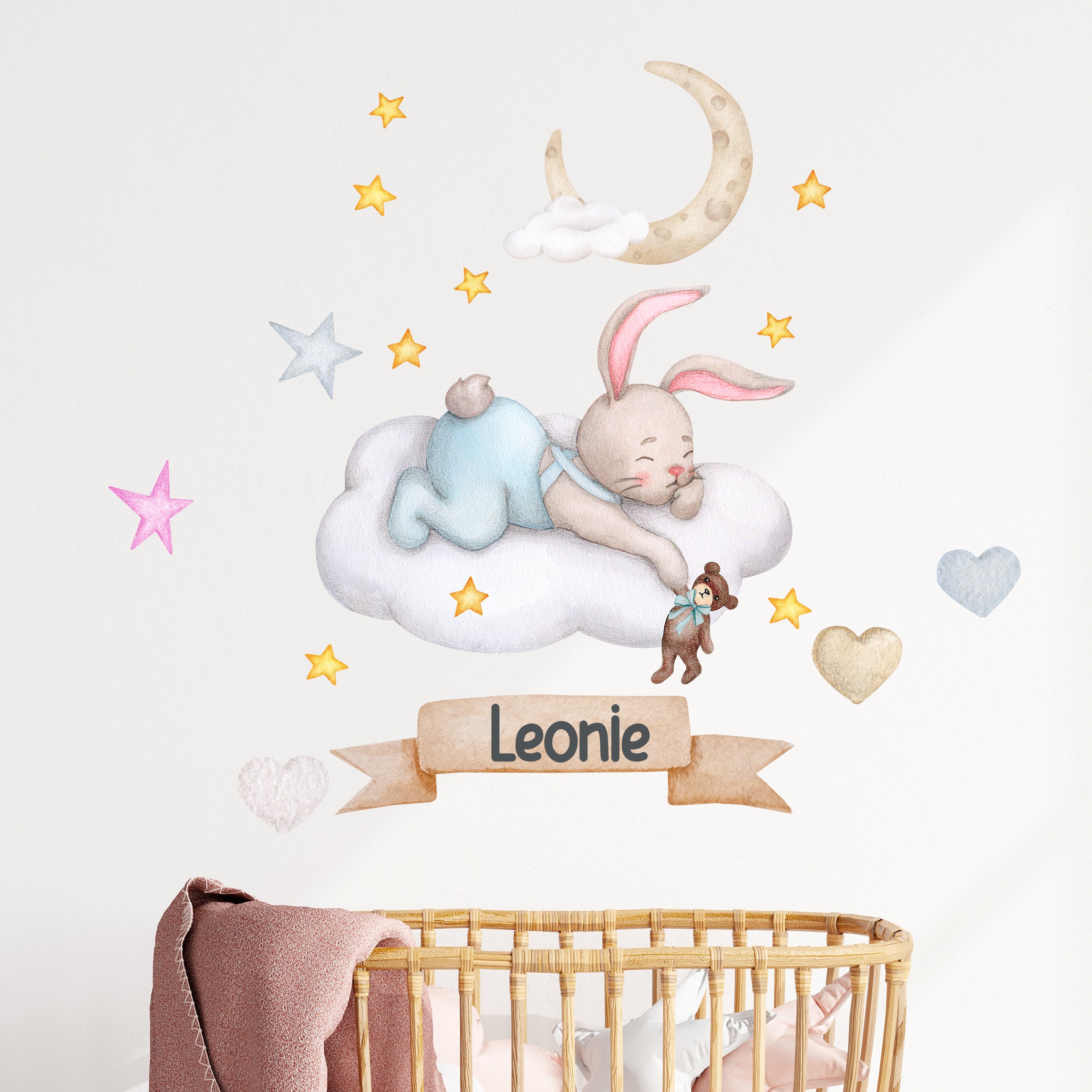 Schlafender Hase auf Wolke, rosa Ohren, Sterne, personalisiert mit "Leonie".