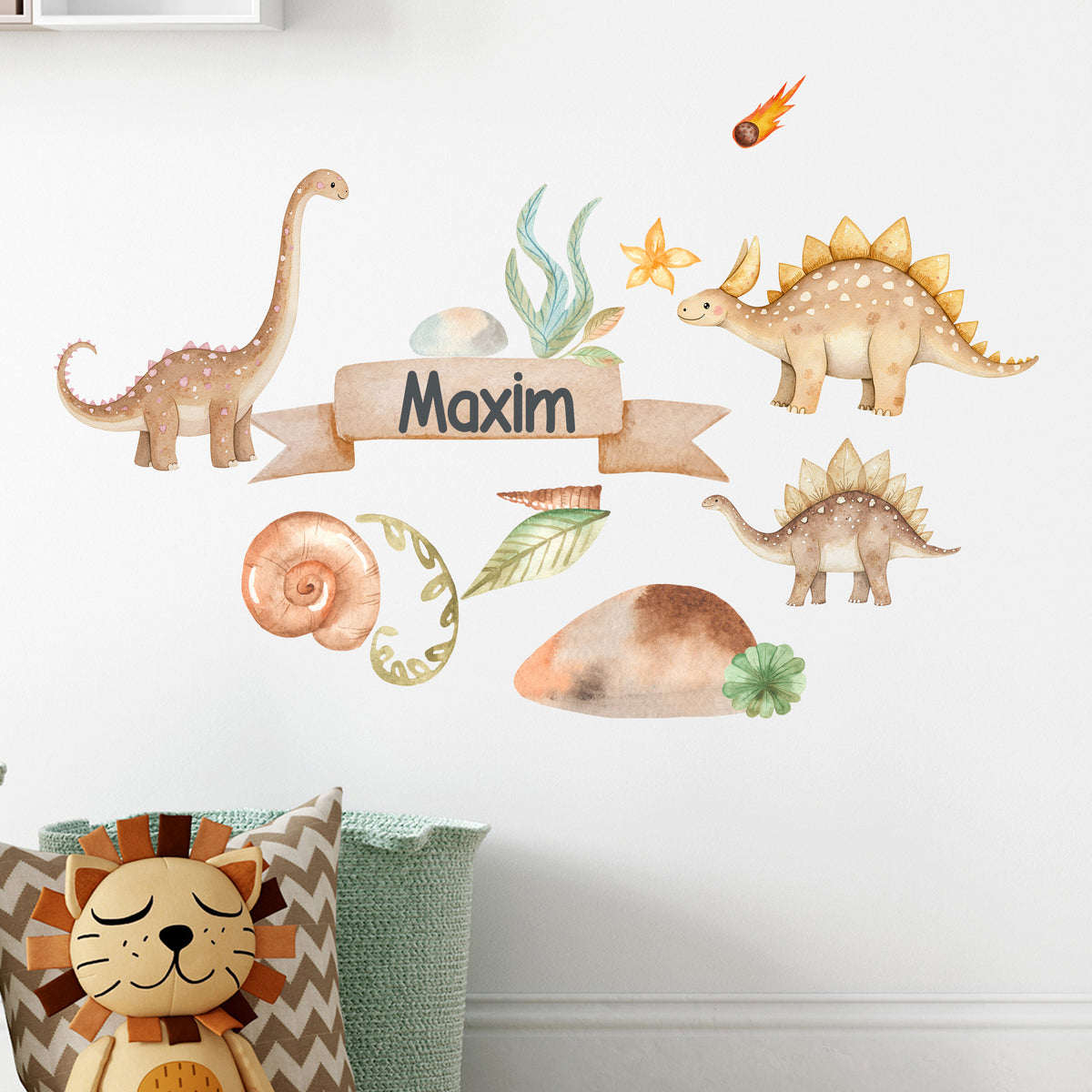 Wandtattoo mit Dinosauriern in sanften Farben und Namen.