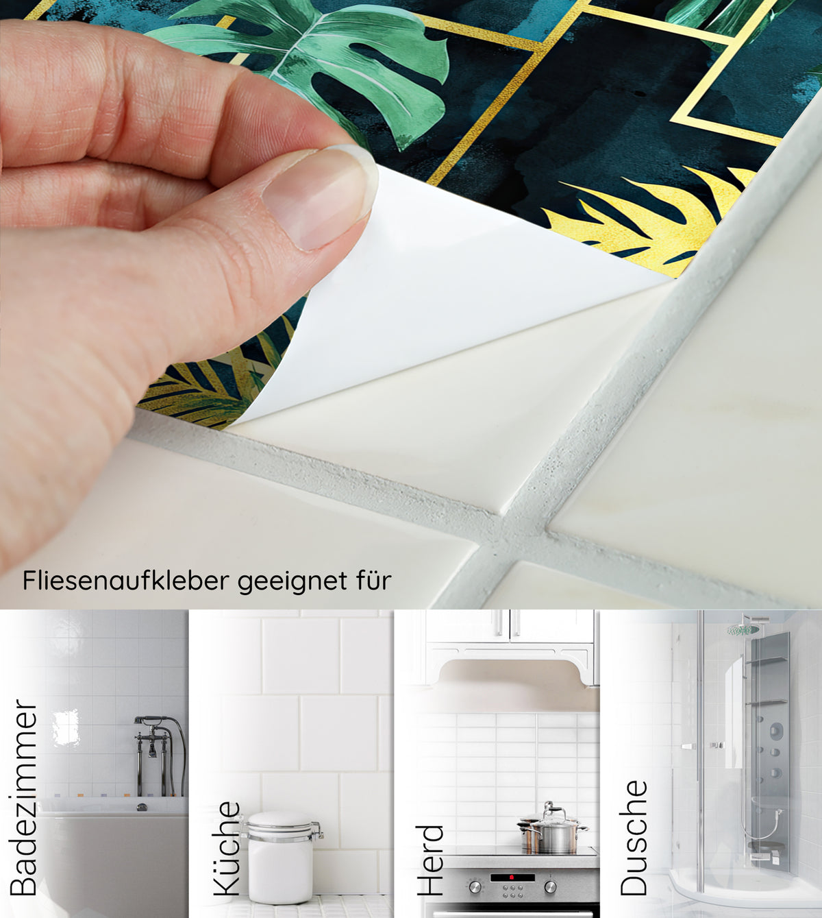 Fliesenaufkleber mit tropischem Blattdesign in Grün und Gold.