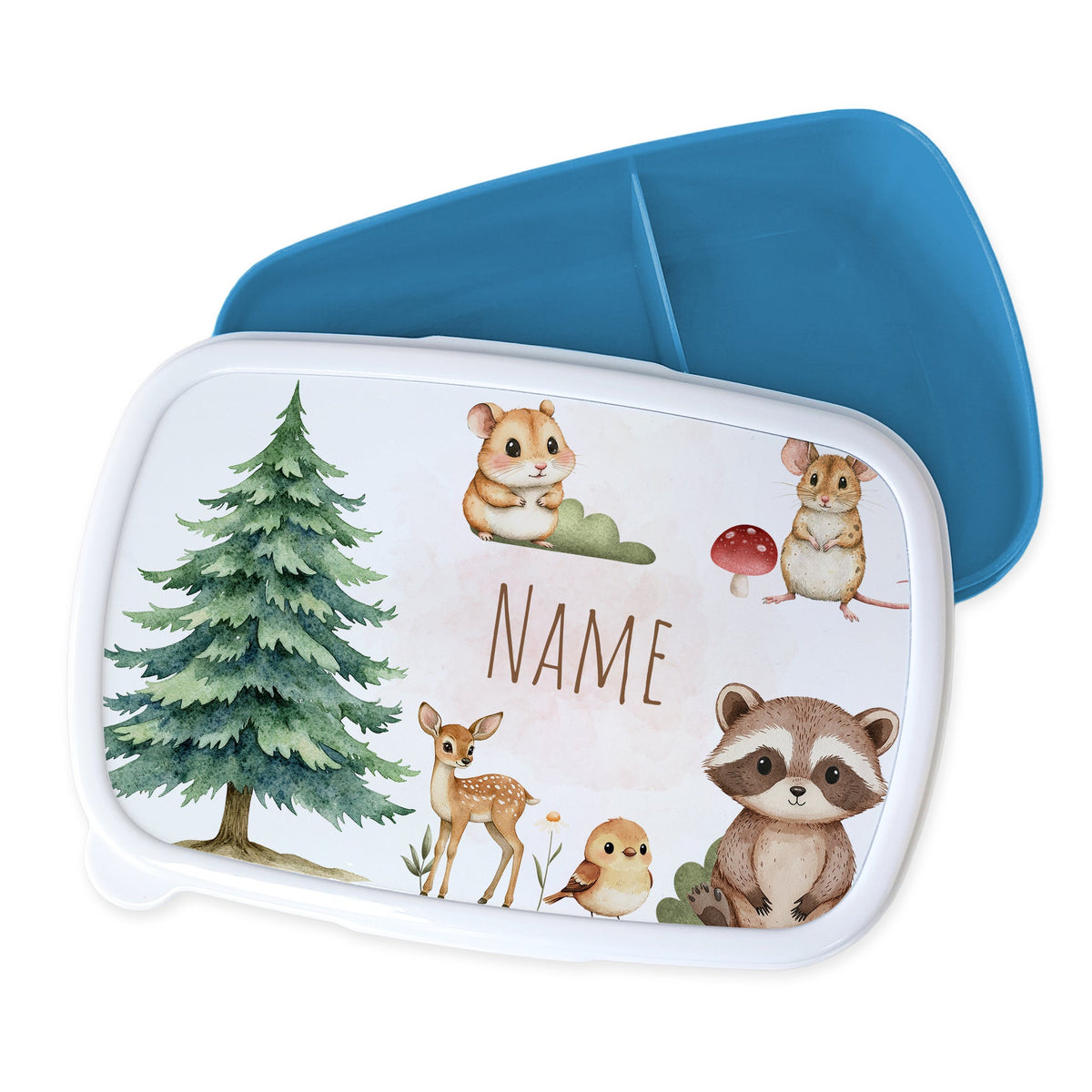 Bento-Box mit Tiermotiven, grünem Baum und blauem Deckel.