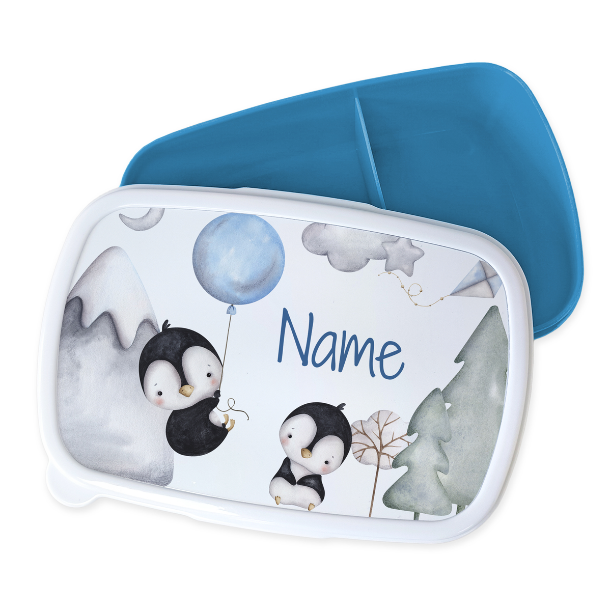 Bento-Box mit Pinguinen, blauer Deckel, personalisierbar.