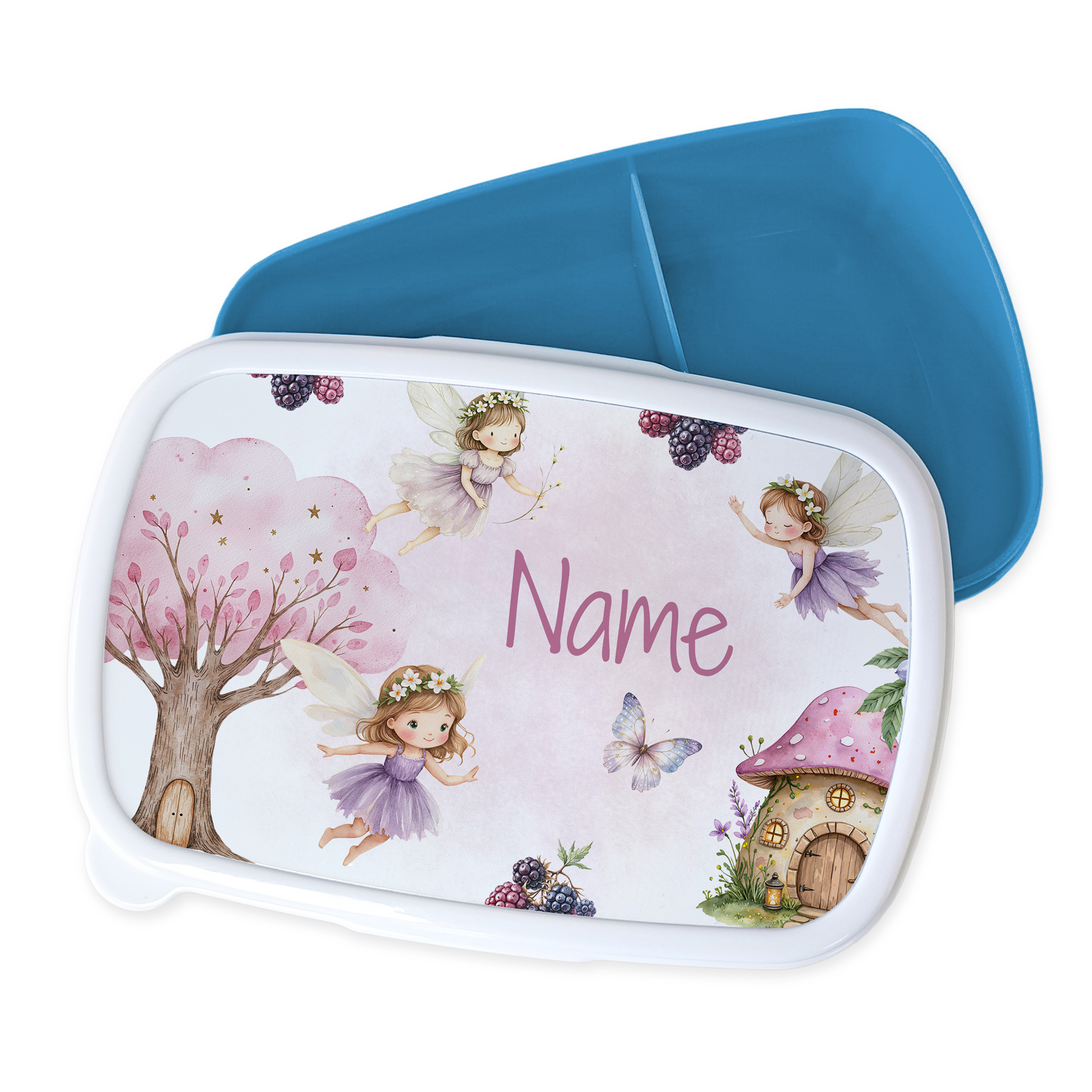Bento-Box mit Feen-Motiv in Rosa und Blau.