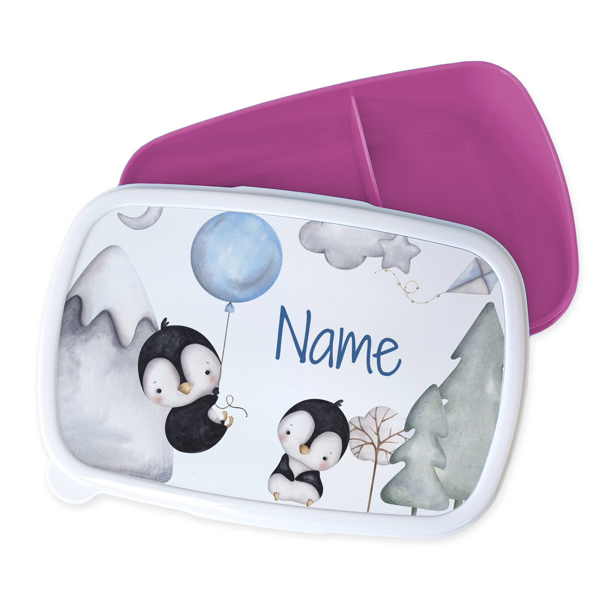 Bento-Box mit Pinguinen, blauem Ballon und lila Deckel.