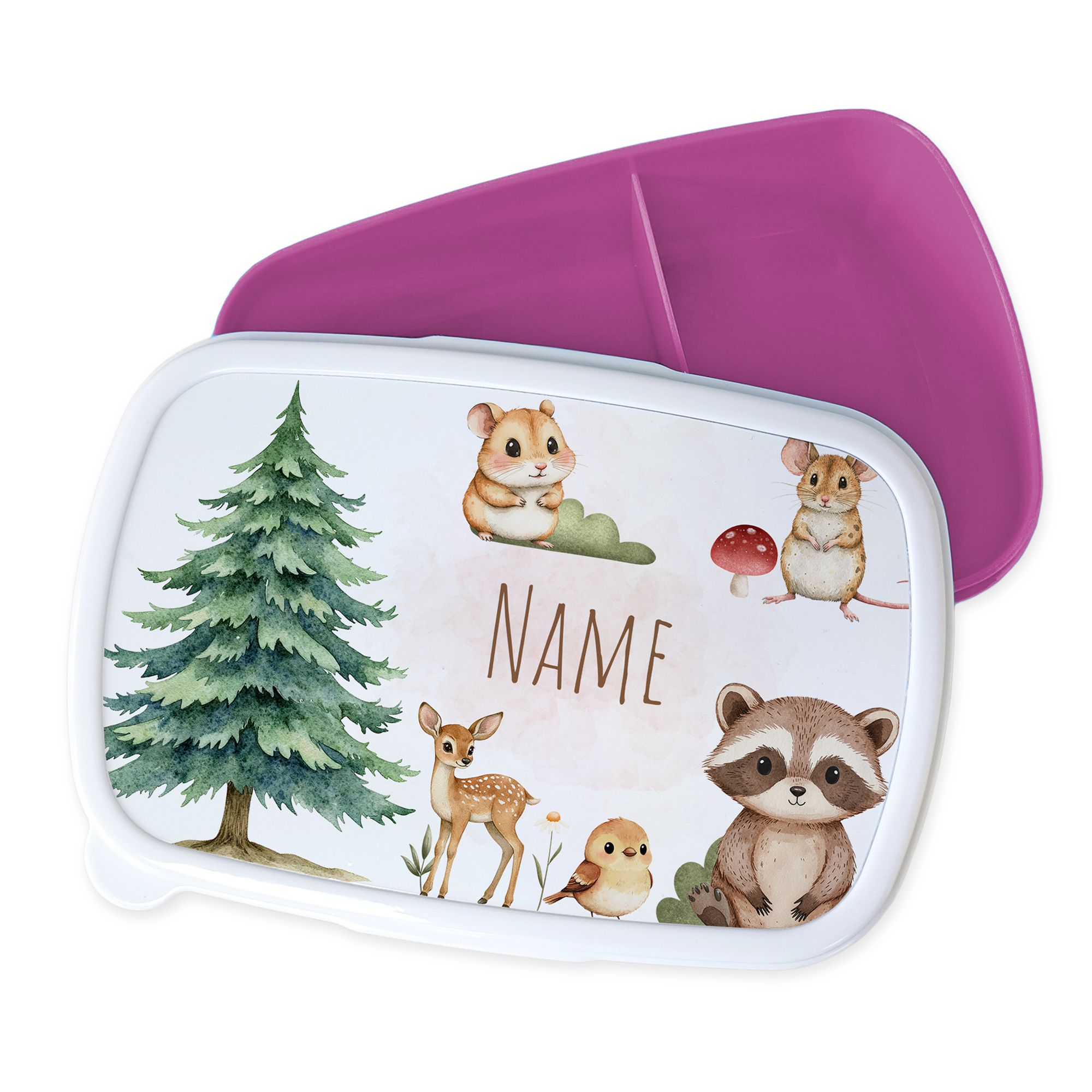 Bunte Brotdose mit Tieren und Baum, lila Deckel.