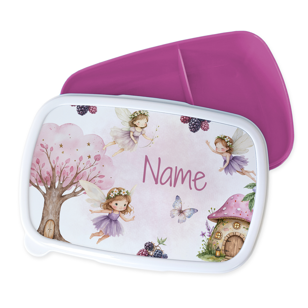 Bento-Box mit Feenmotiv und lila Deckel.