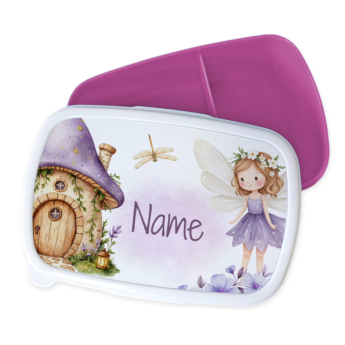 Bento-Box mit Feenmotiv und lila Deckel.