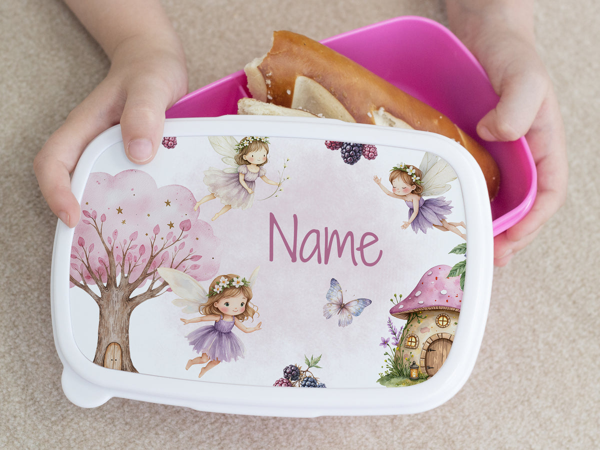 Bento-Box mit Feenmotiv und personalisiertem Namen.