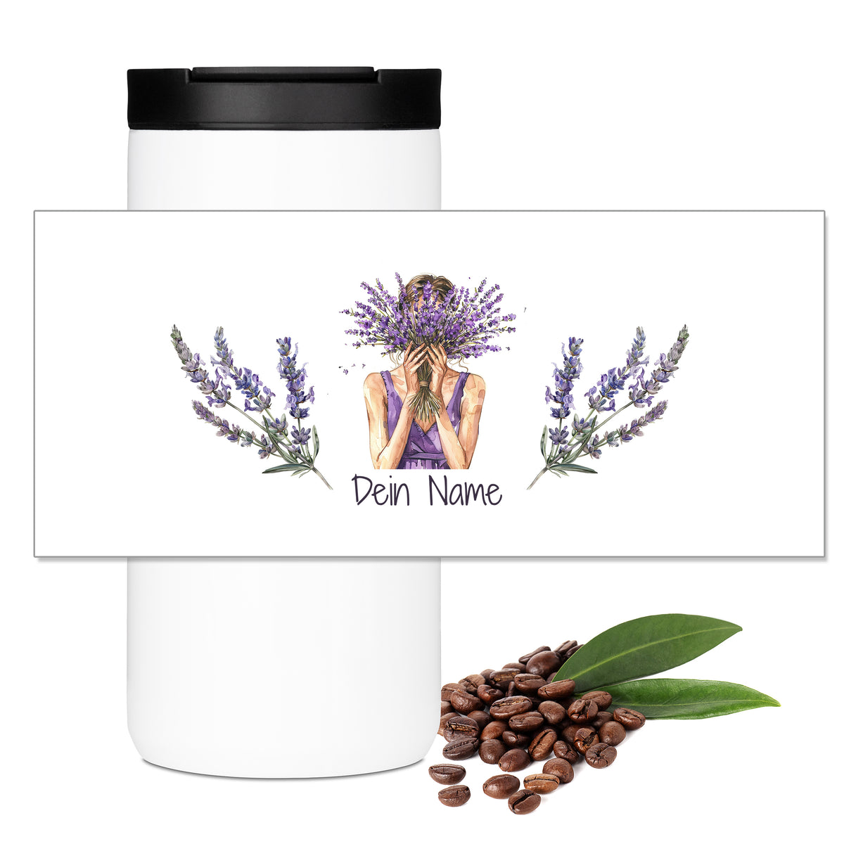 Weißer Becher mit Lavendel-Illustration und personalisiertem Namen.