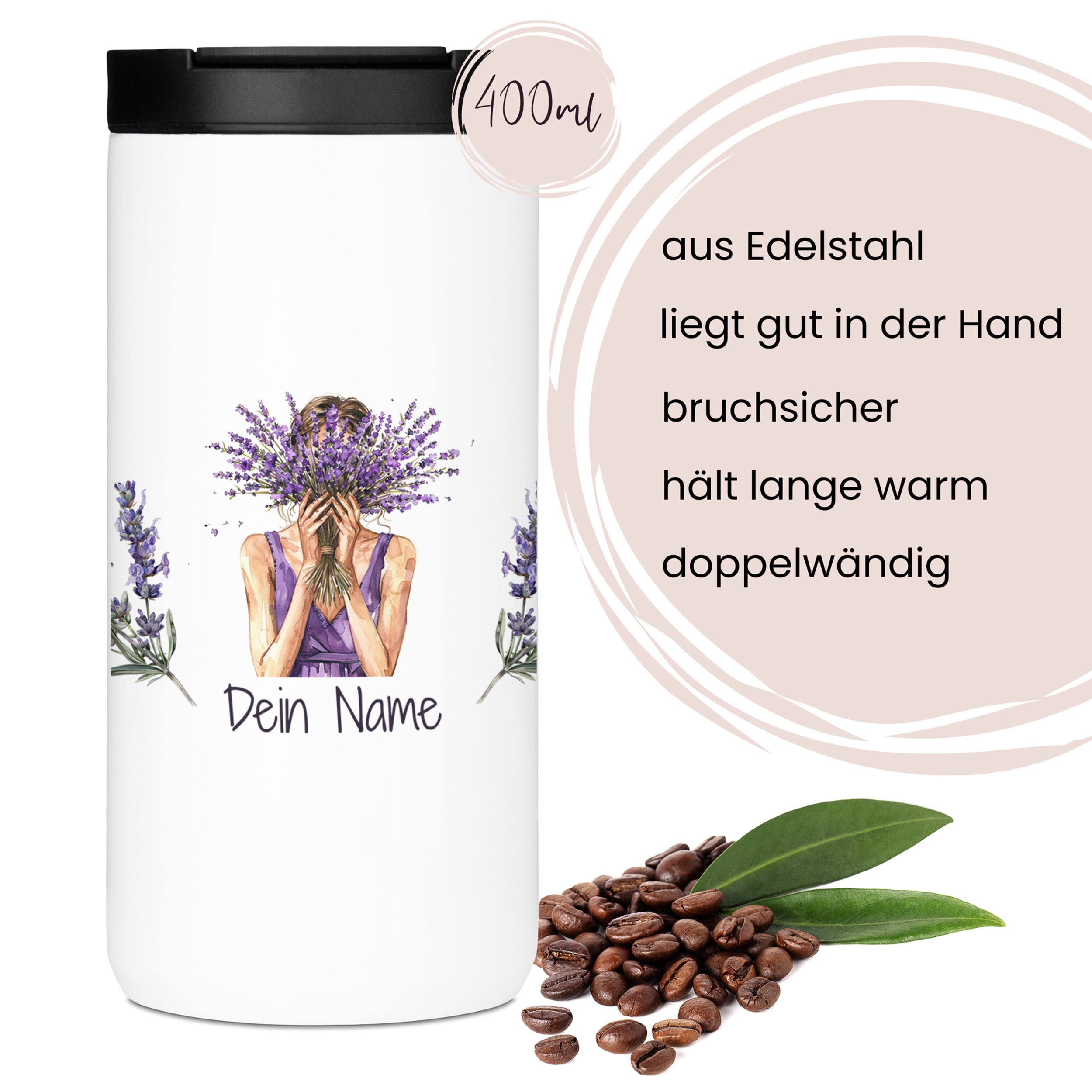 Edelstahlbecher, 400 ml, bruchsicher, personalisierbar.