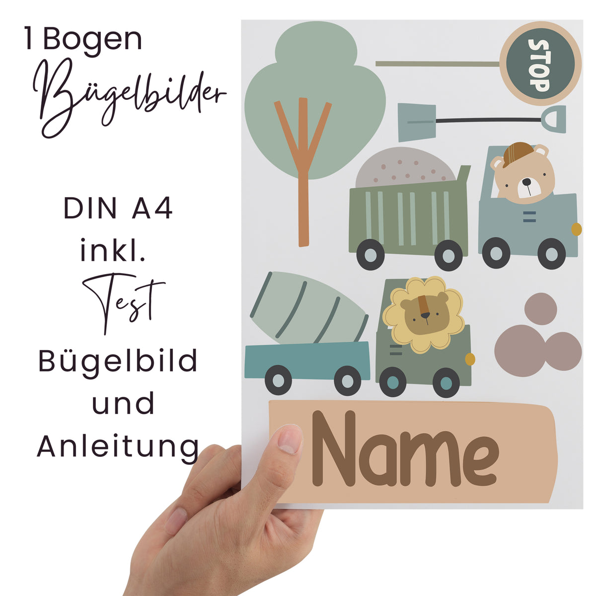 Bügelbilder A4 mit Tieren, Fahrzeugen und personalisierbarem Namen.
