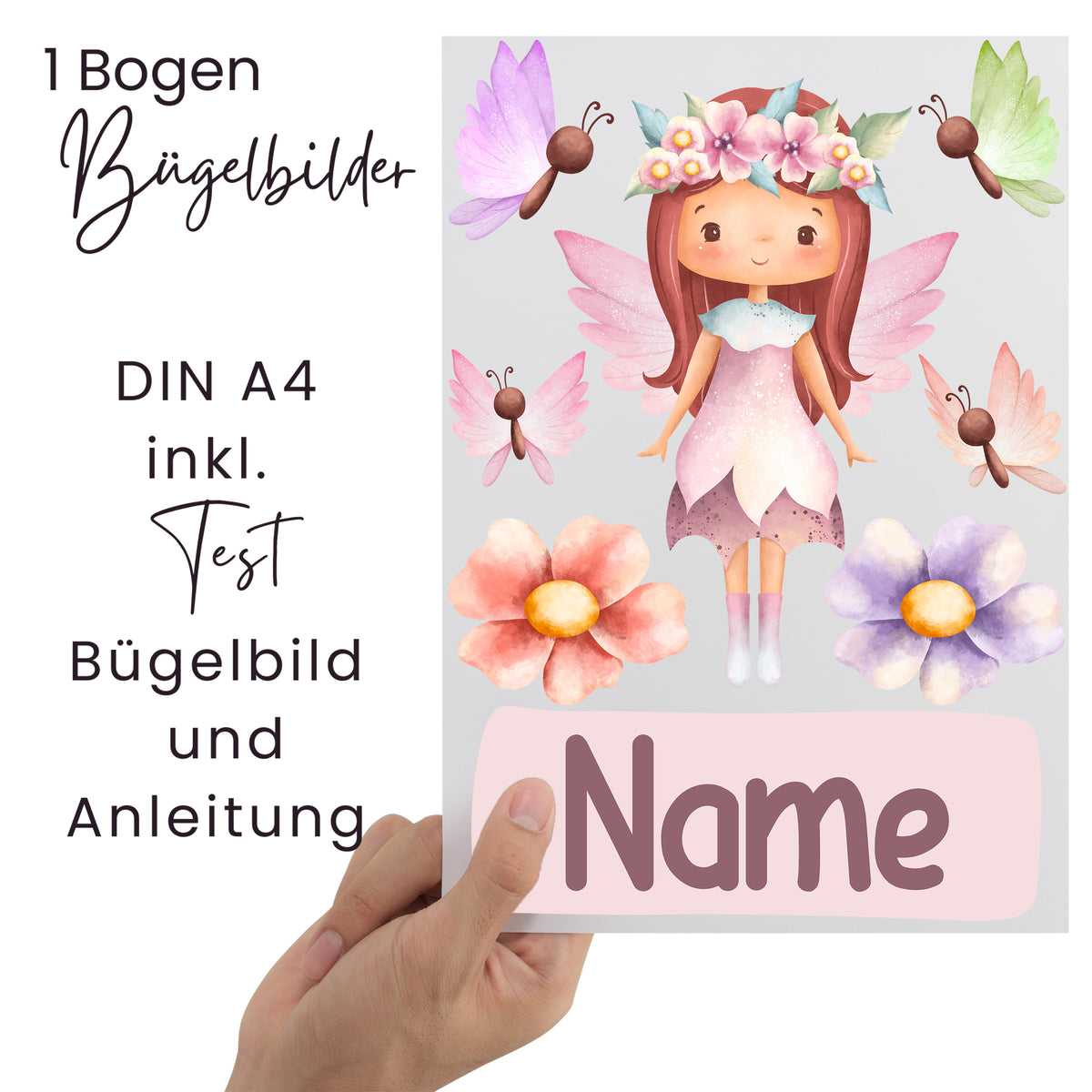 Bügelbilder A4 mit Feenmotiv, bunten Blumen und Anleitung.