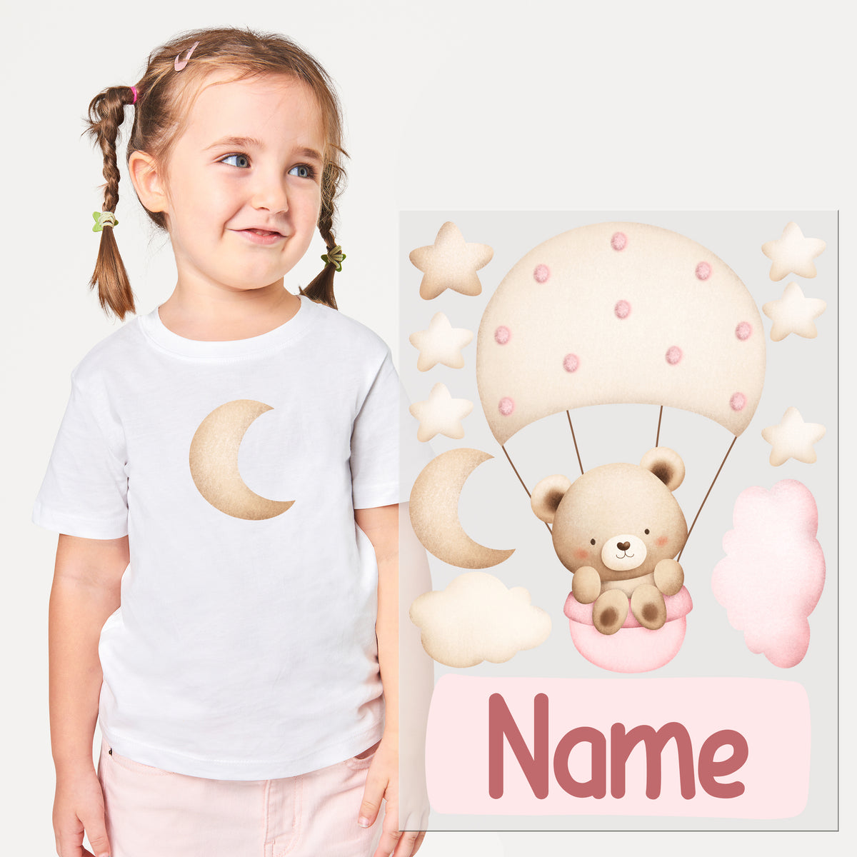 Weißes T-Shirt mit Mondmotiv, niedlicher Bär im Fallschirm.