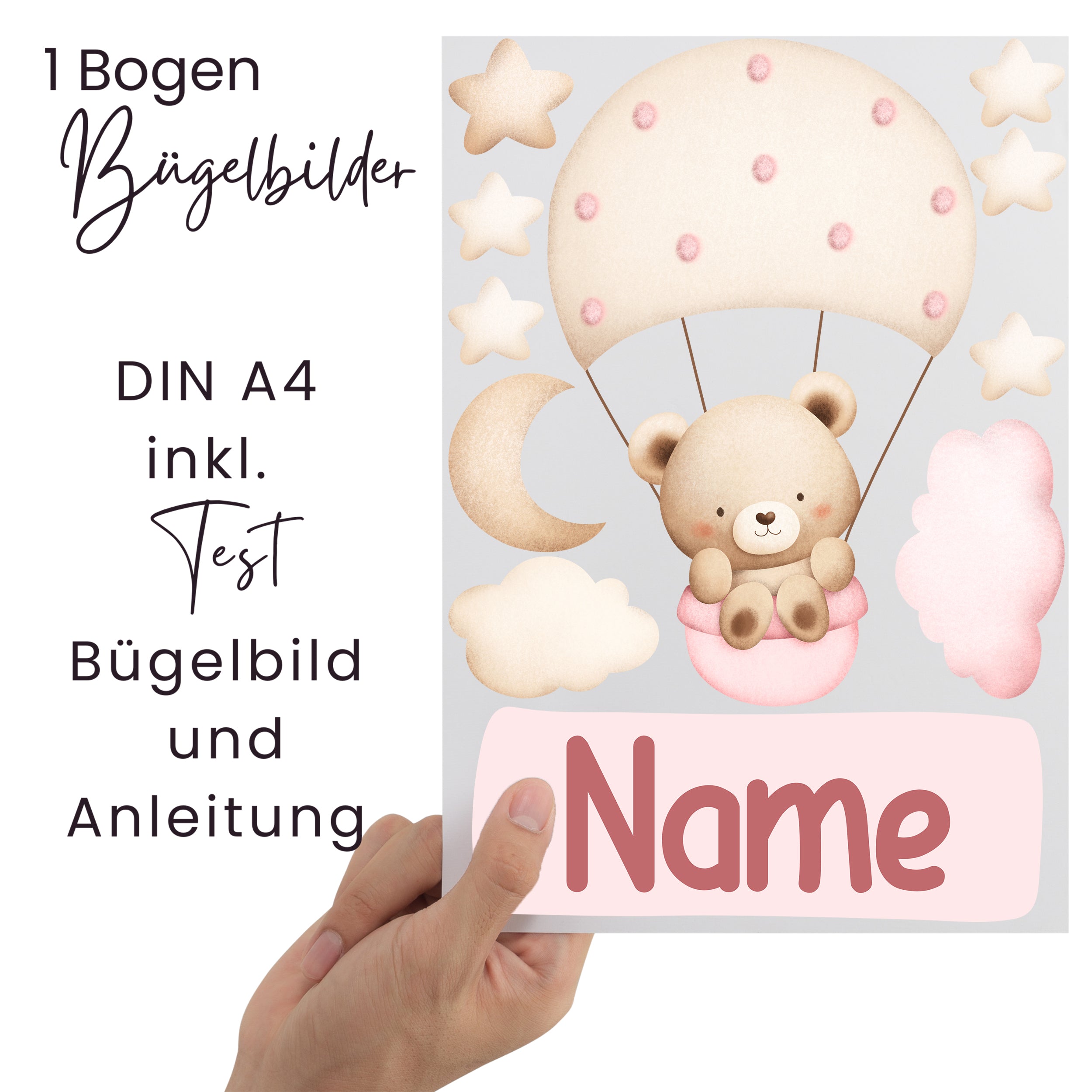 Bügelbilder mit Bär, Wolken und Sternen in Pastellfarben.