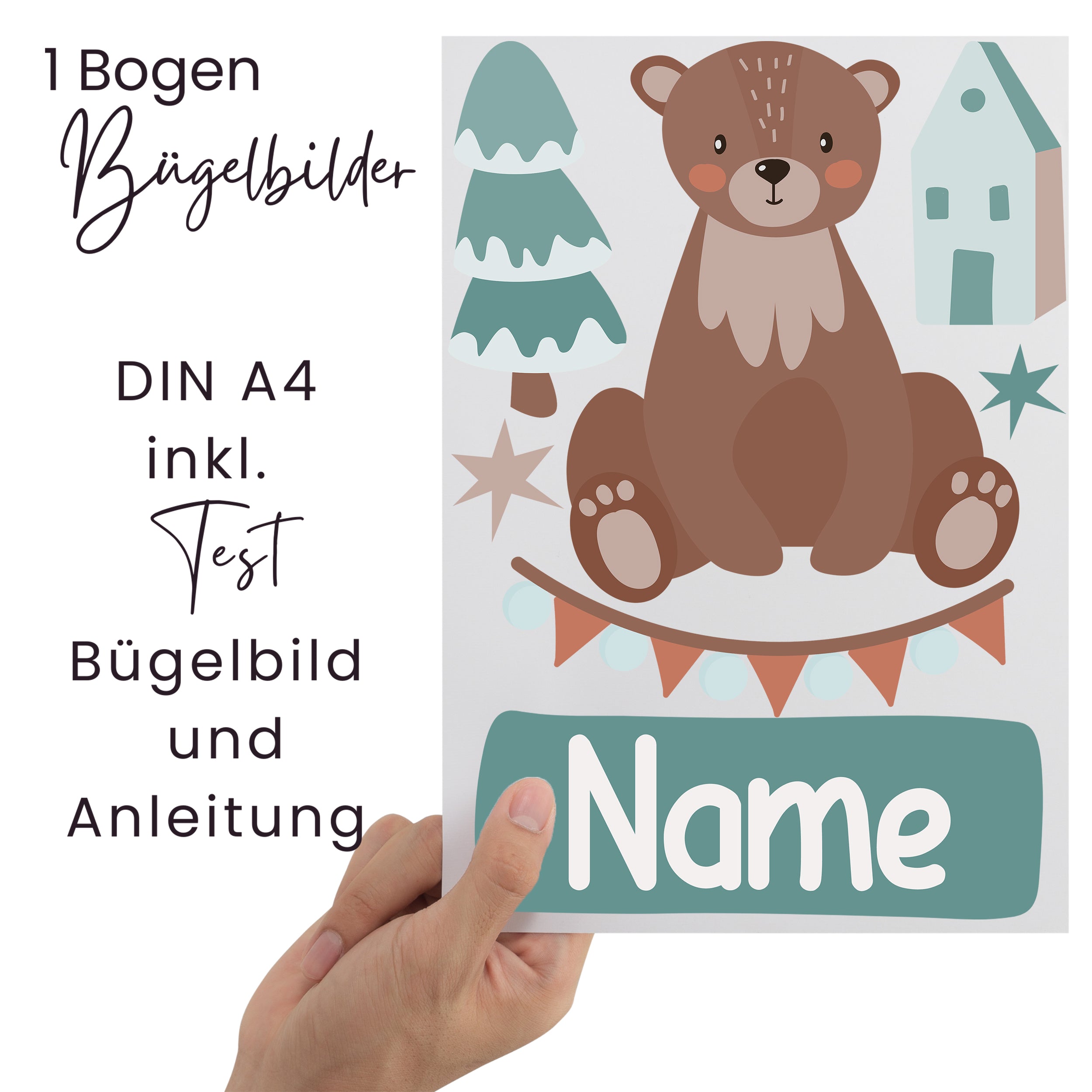 Bügelfolie A4 mit braunem Bären und personalisierbarem Namen.