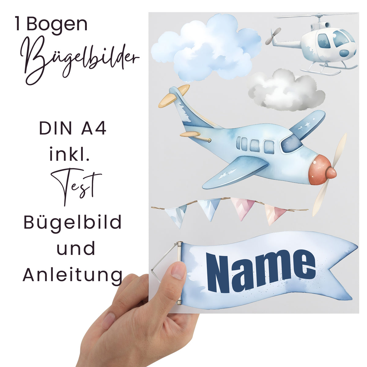 Bügelbilder mit Flugzeug, Helikopter und Wolken, blau.