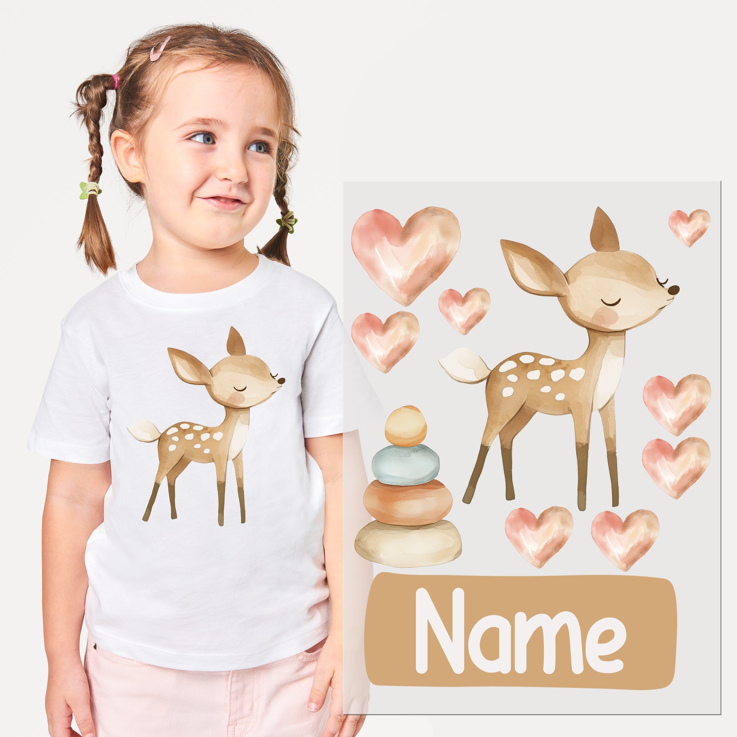Kinder-T-Shirt mit niedlichem Reh-Motiv und Herzchen.