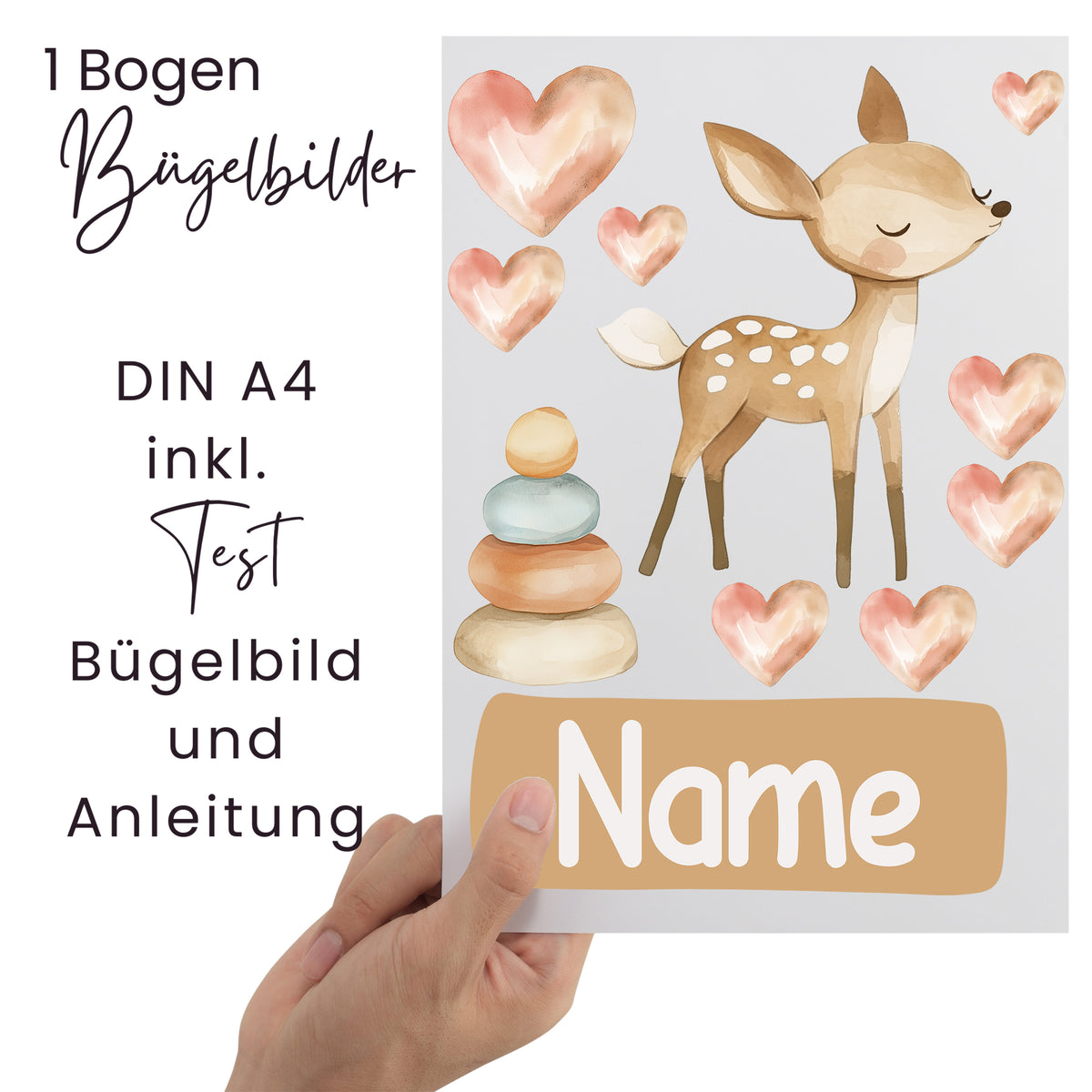 Bügelbilder Bogen mit Reh, Herzen und bunten Steinen.