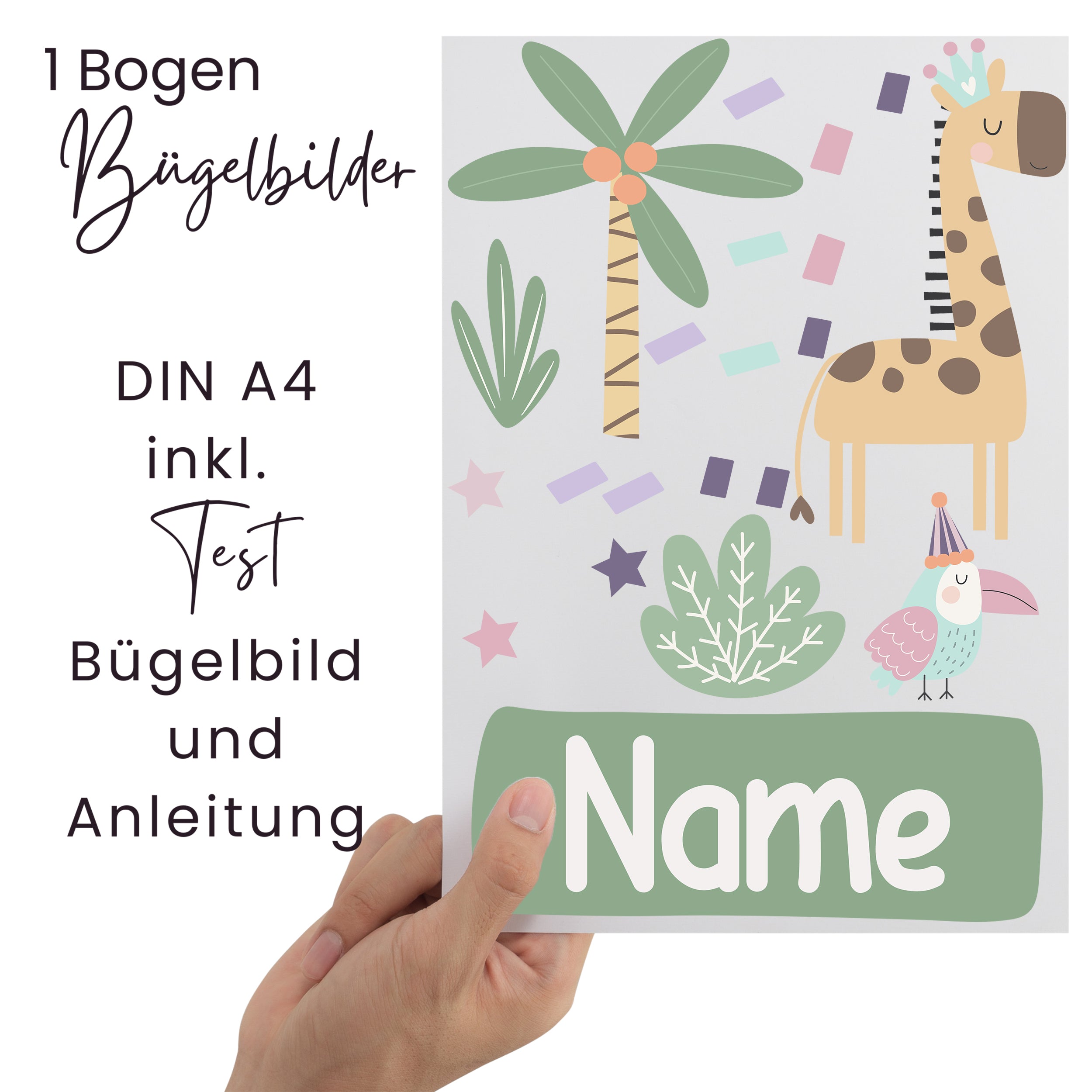 Bügelbilderbogen DIN A4 mit Giraffe, Palme und bunten Motiven.