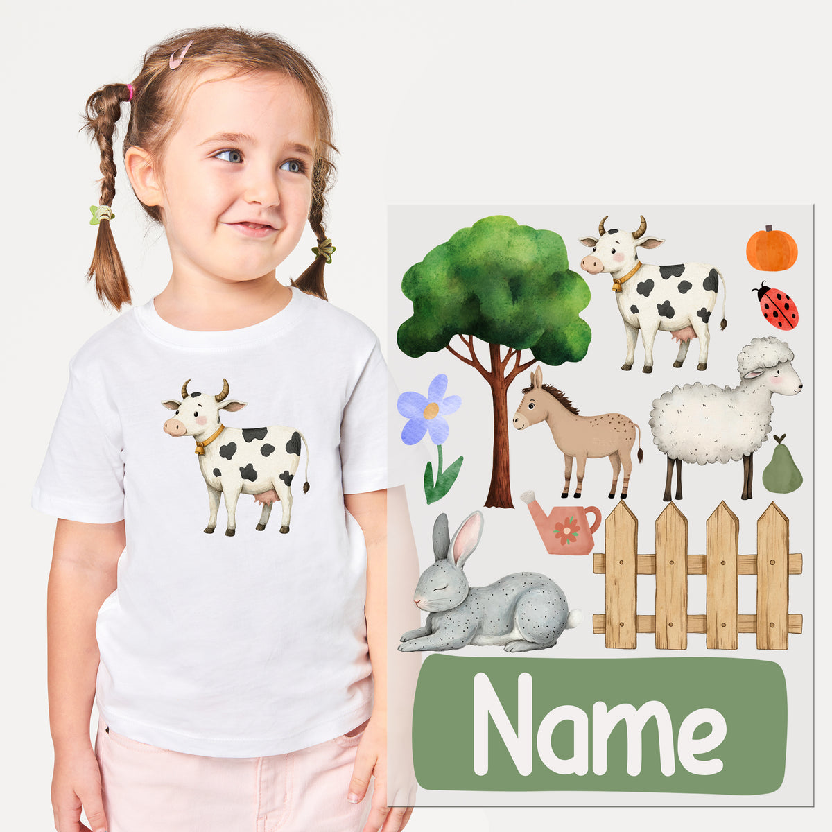 Weißes T-Shirt mit Kuh-Motiv und bunten Tierillustrationen.