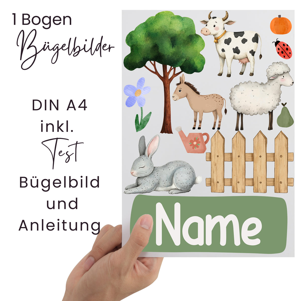 Bügelbilder mit Tieren, Pflanzen und Anleitung, DIN A4.