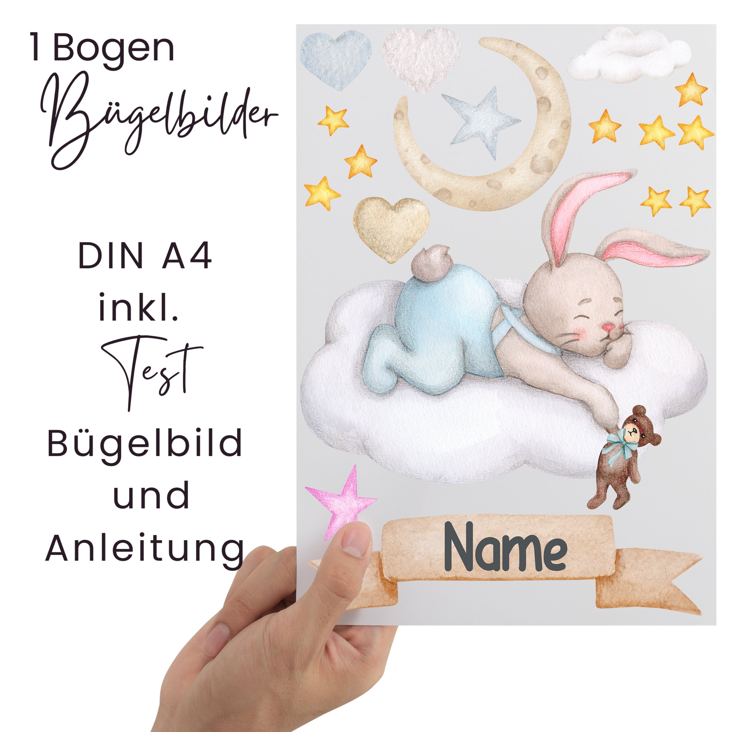 Bügelbilder Bogen A4, pastellfarbener Hase mit Sternen.