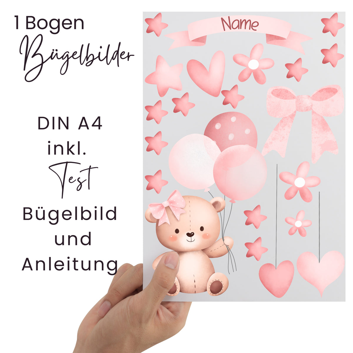 Bügelfolie A4 mit rosa Bär, Herzen und Sternen.