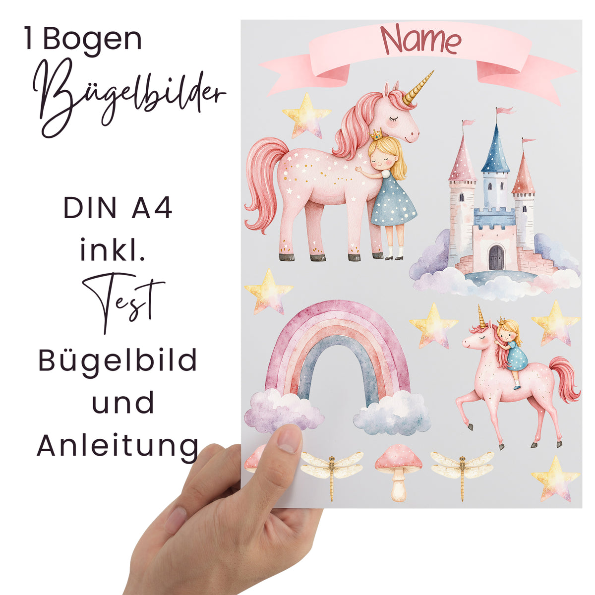 Bügelbilder Bogen A4 mit Einhorn, Schloss und Regenbogen.