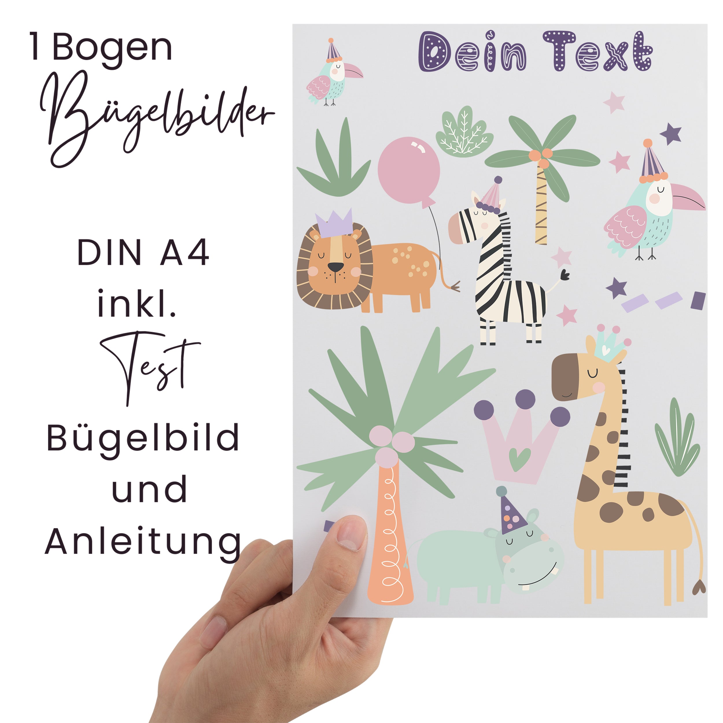 Bügelbilder mit Tieren, bunt, DIN A4, inkl. Anleitung.