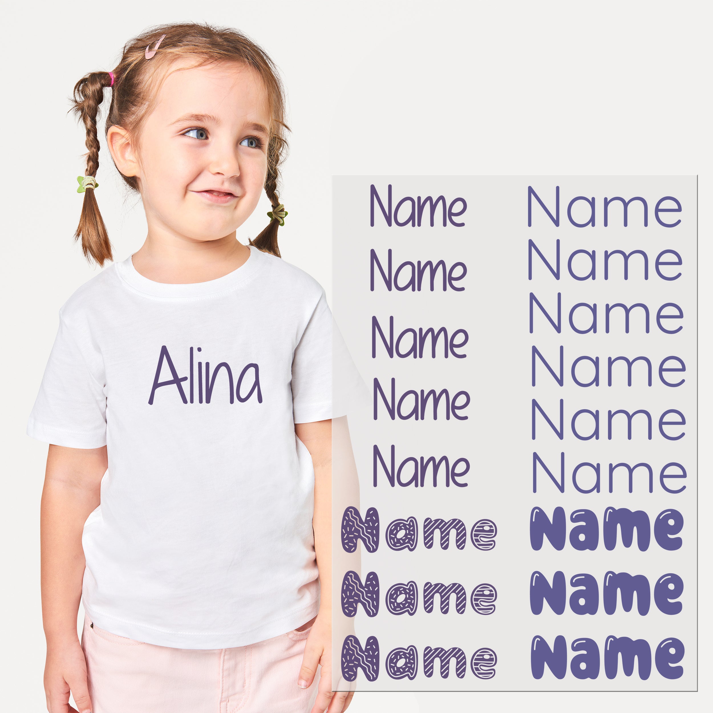 Weißes T-Shirt mit lila Namen und Schriftzug "Alina".