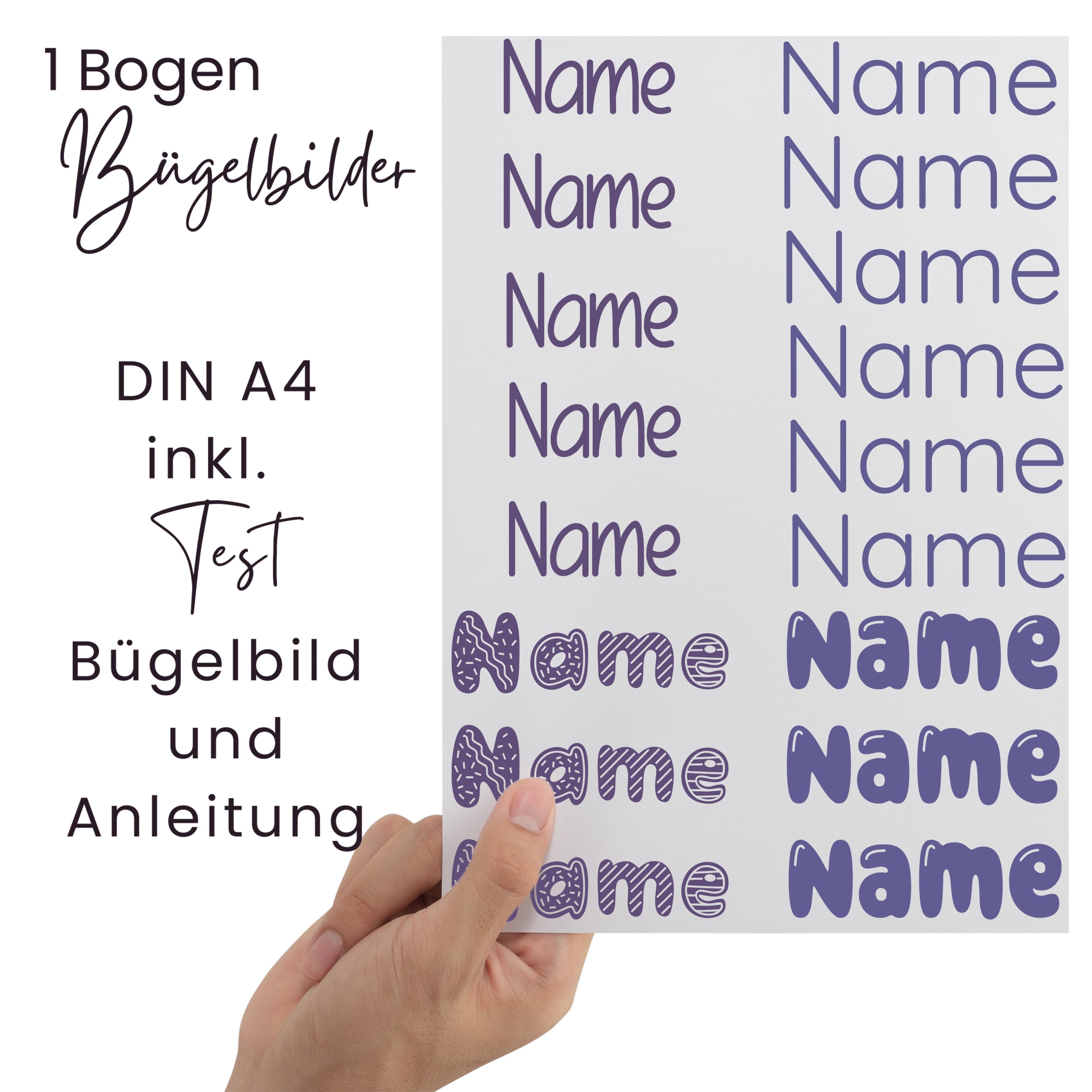 Bügelbilder Bogen DIN A4 in lila mit Anleitung.