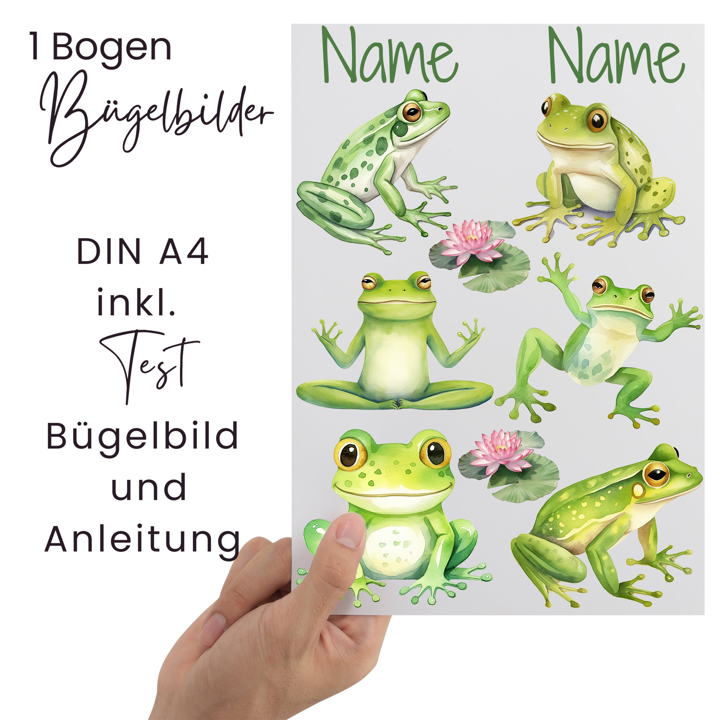 Bügelbilder mit Fröschen und Wasserlilien, DIN A4.